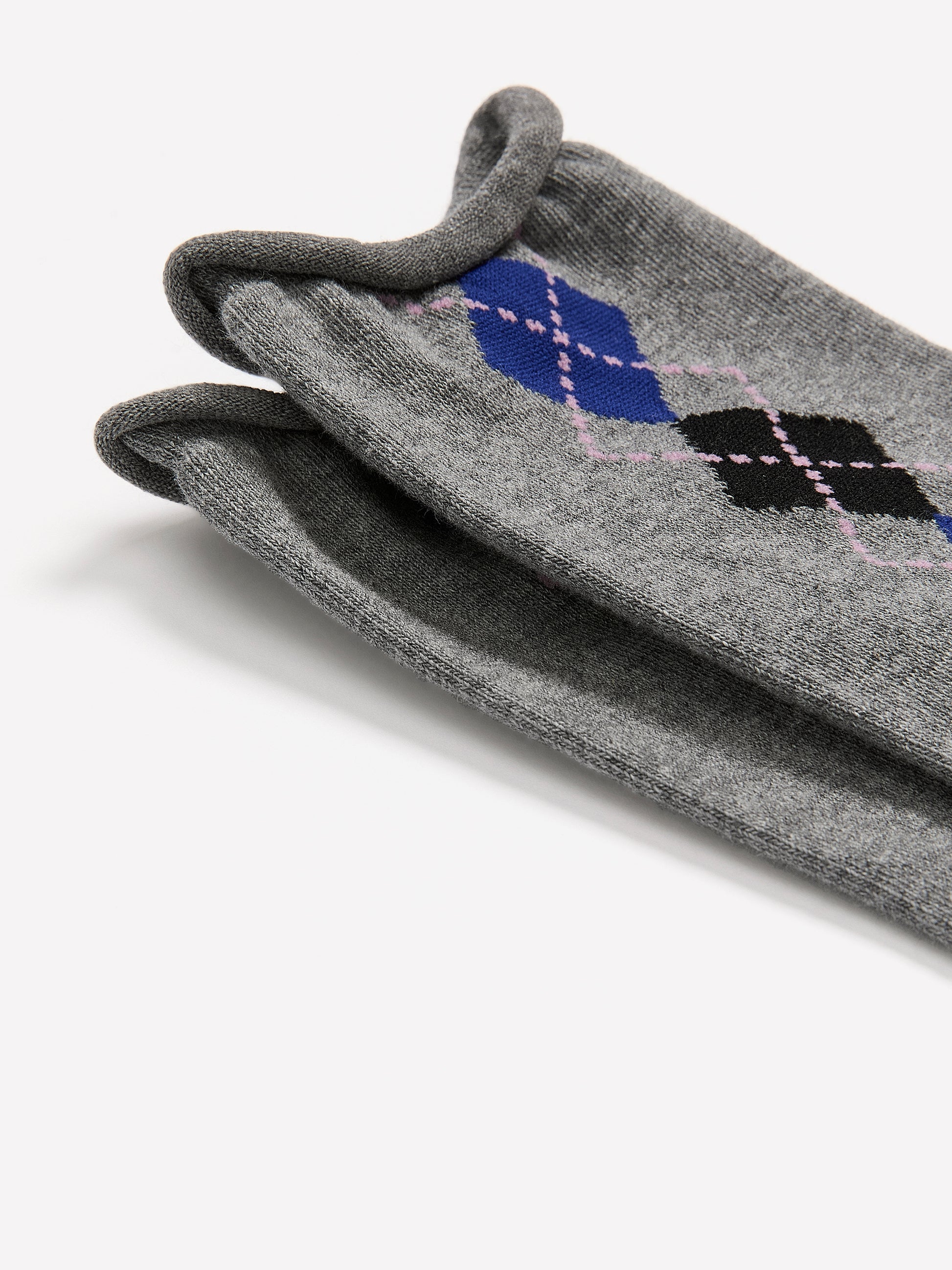 Grey Rolled-Edge Crew Socks with Argyle Print