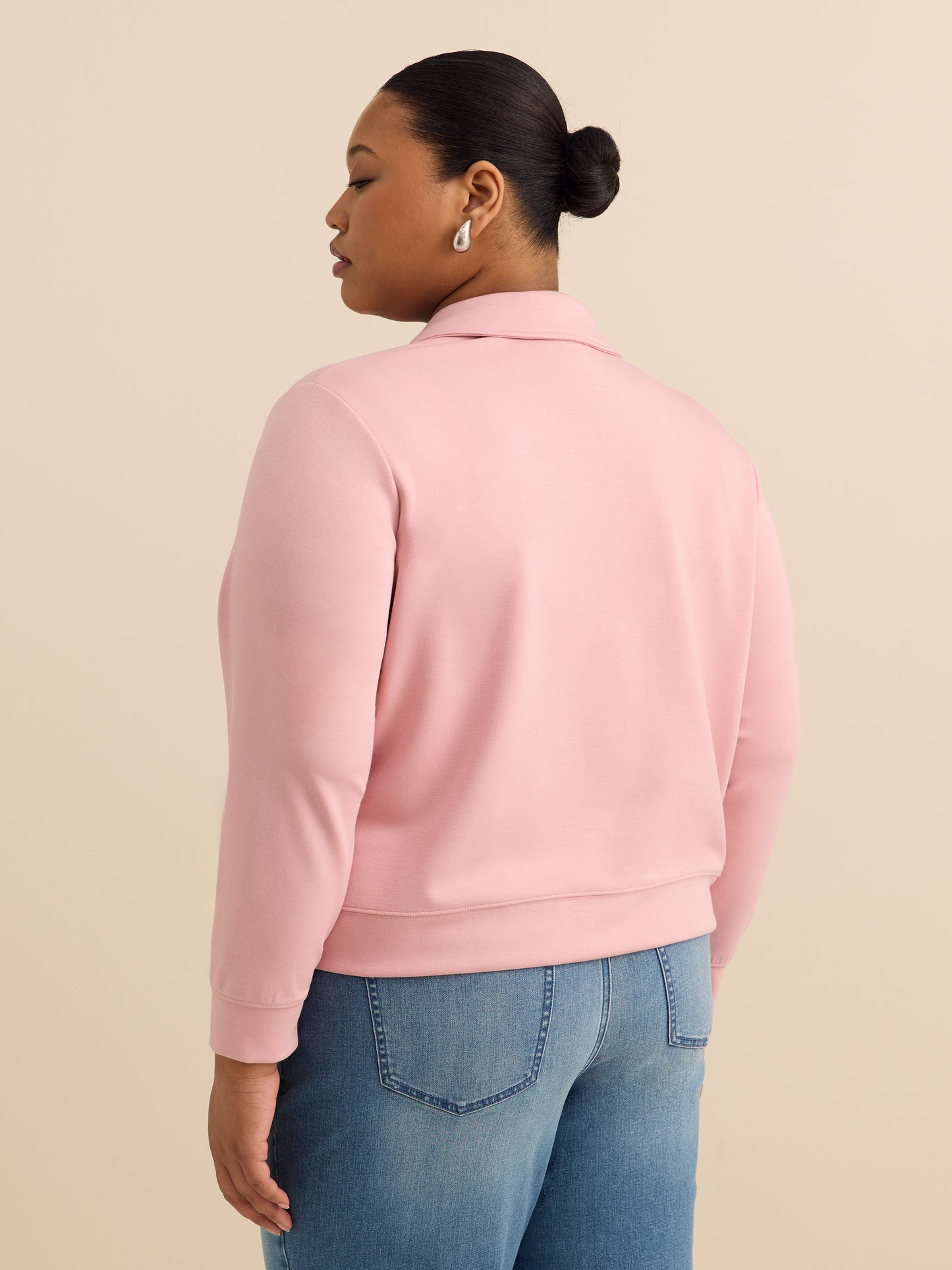 Neoprene Bomber Knit Top with Shirt Collar