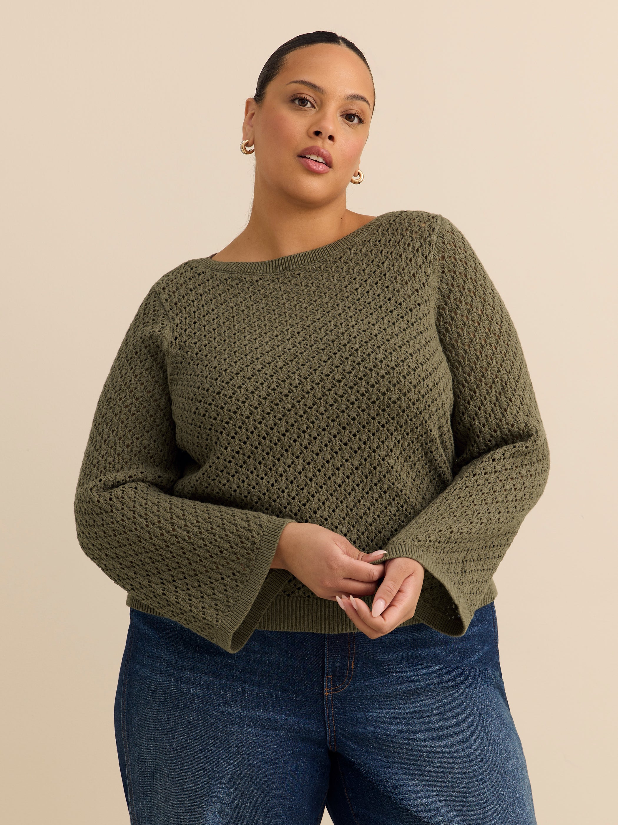 Long Bell Sleeve Sweater with Boat Neck