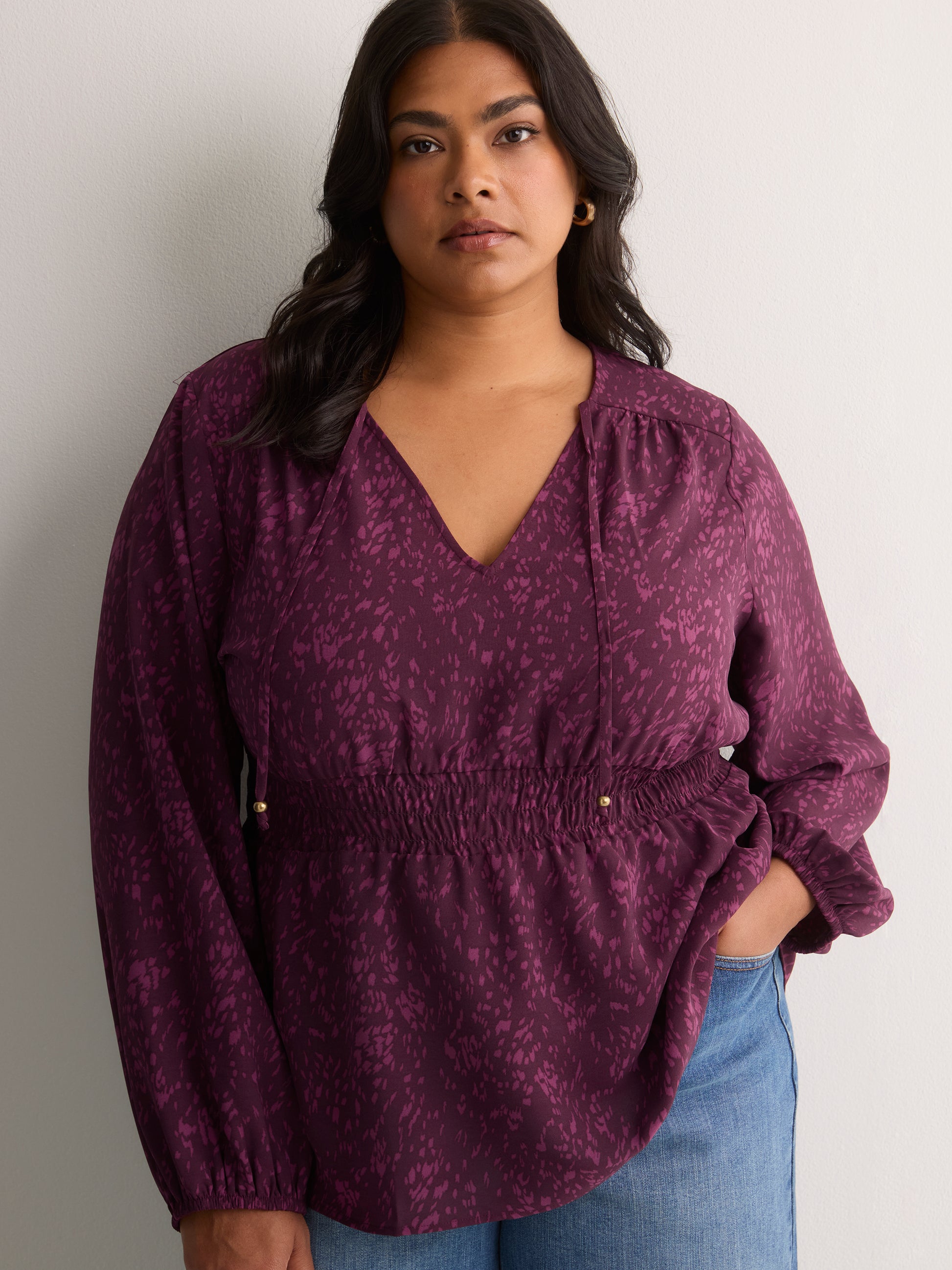 V-Neck Long-Sleeve Elastic-Waist Woven Blouse