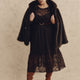 Brown Long-Sleeve Ruffled Lace Midi Dress