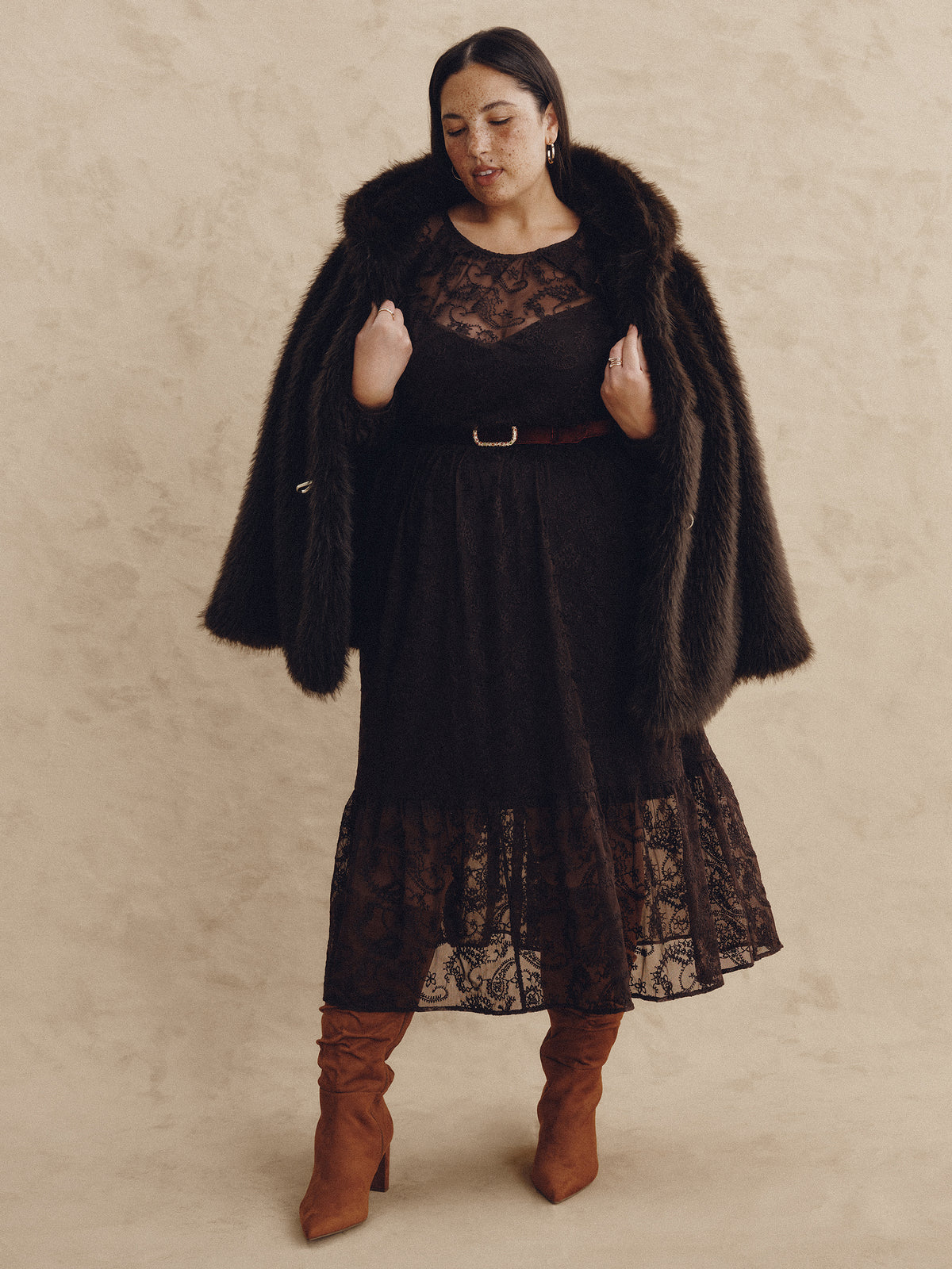 Brown Long-Sleeve Ruffled Lace Midi Dress
