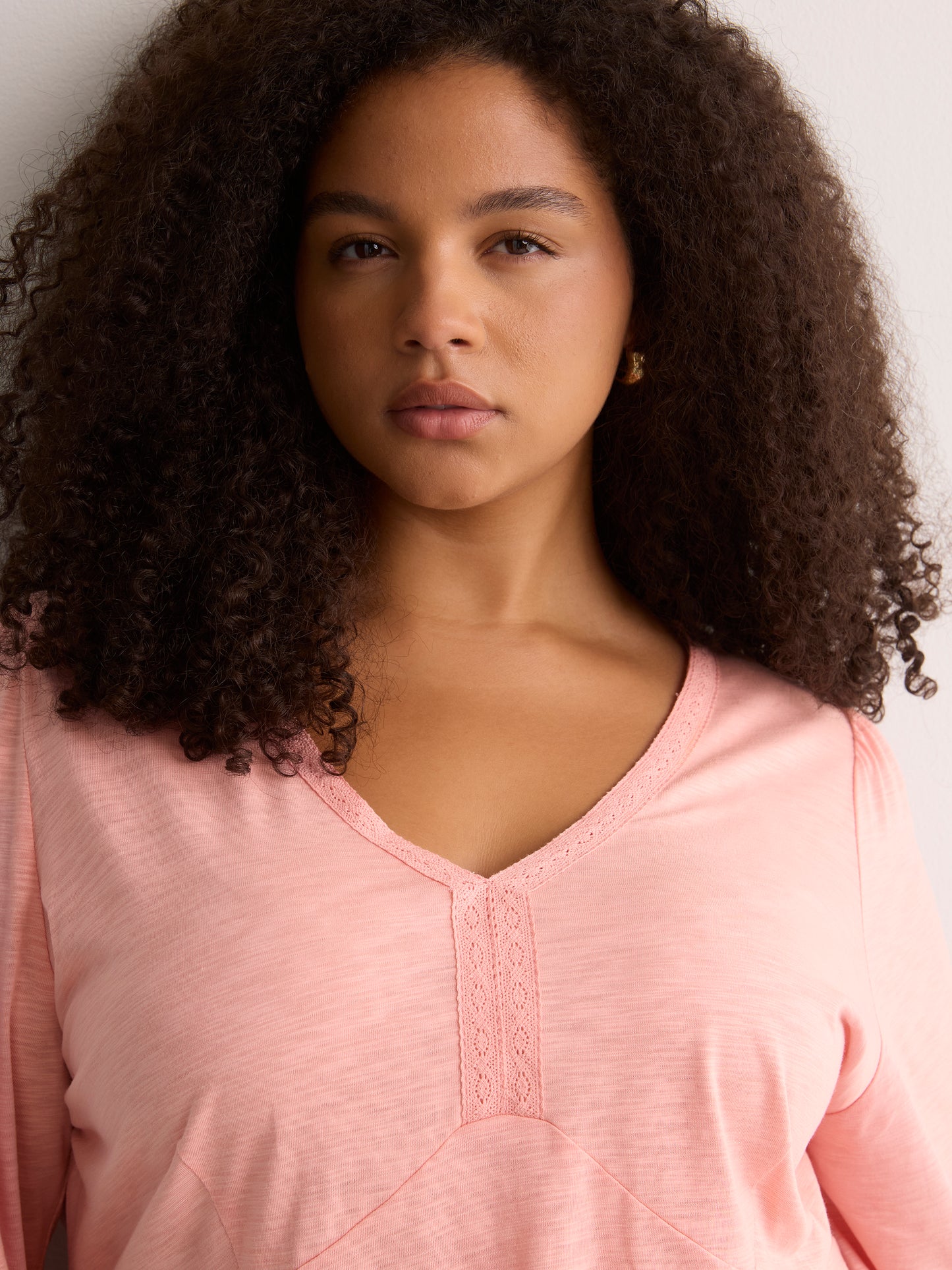 Slight Swing V-Neck Blouse with Crochet Tape