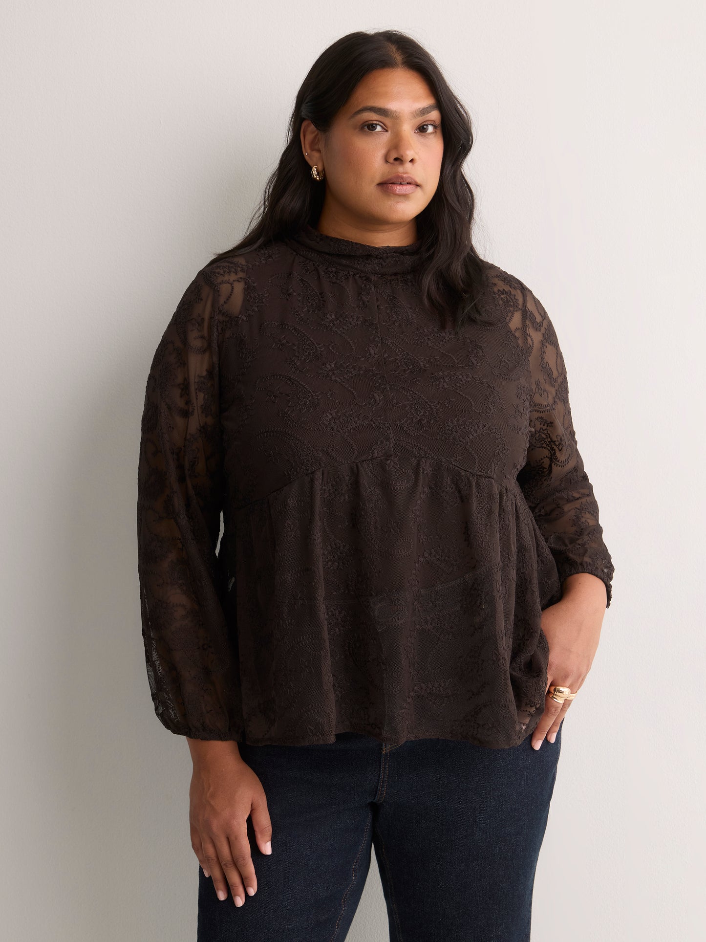 Mock-Neck Long-Sleeve Embroidered Blouse