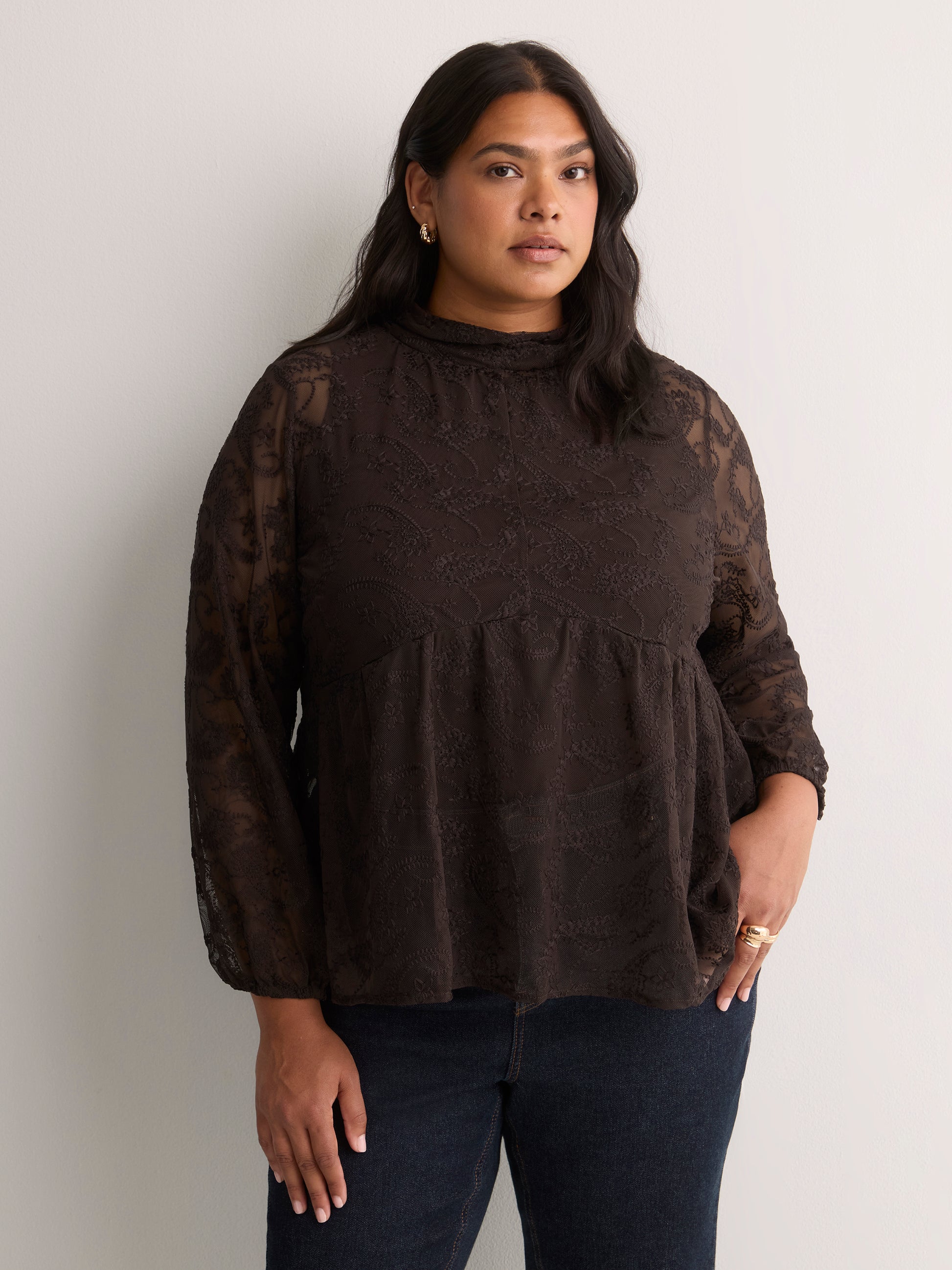 Mock-Neck Long-Sleeve Embroidered Blouse