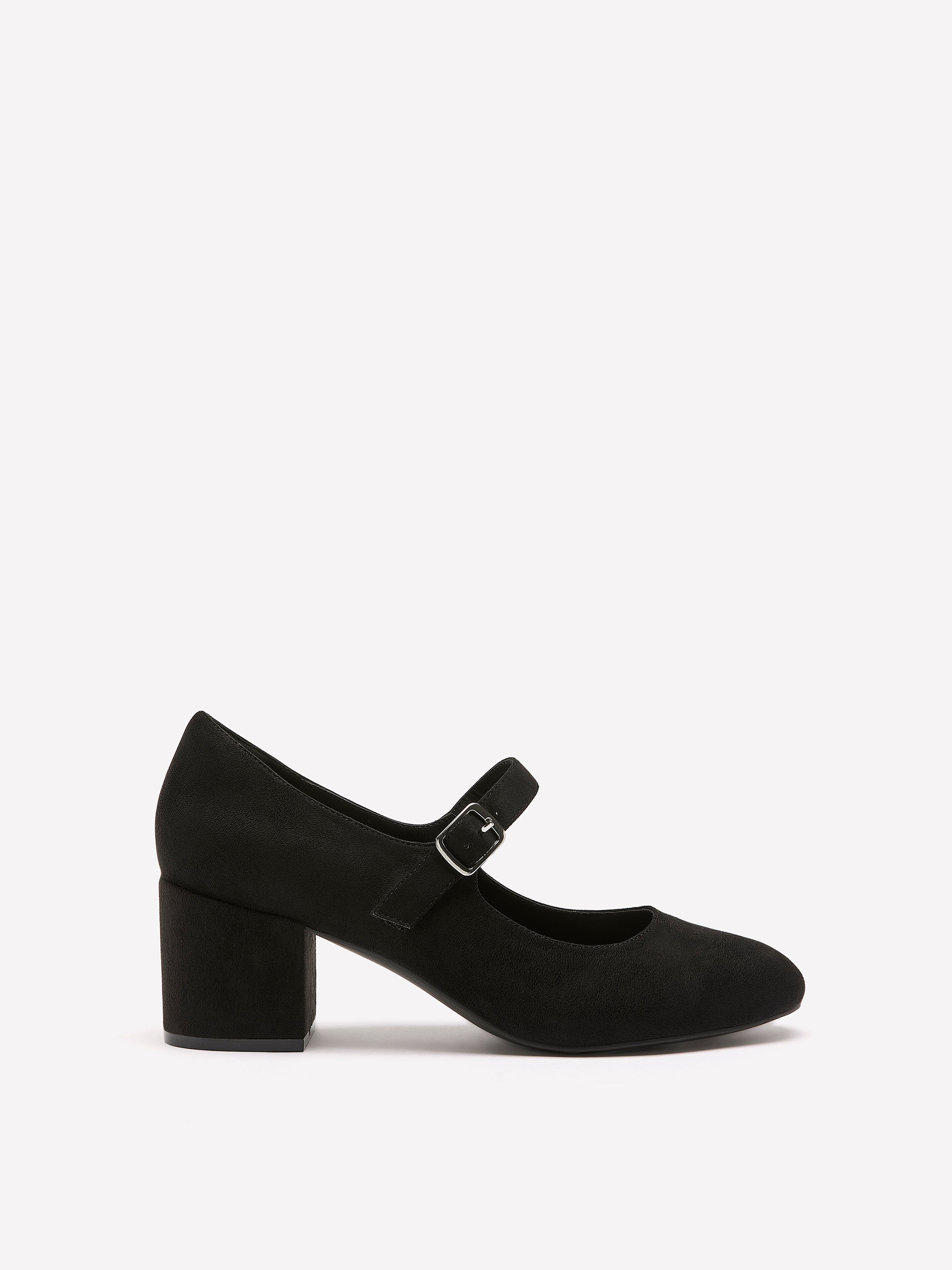 Wide Width, Marylou Black Microsuede Mid-Heel Strap Shoe