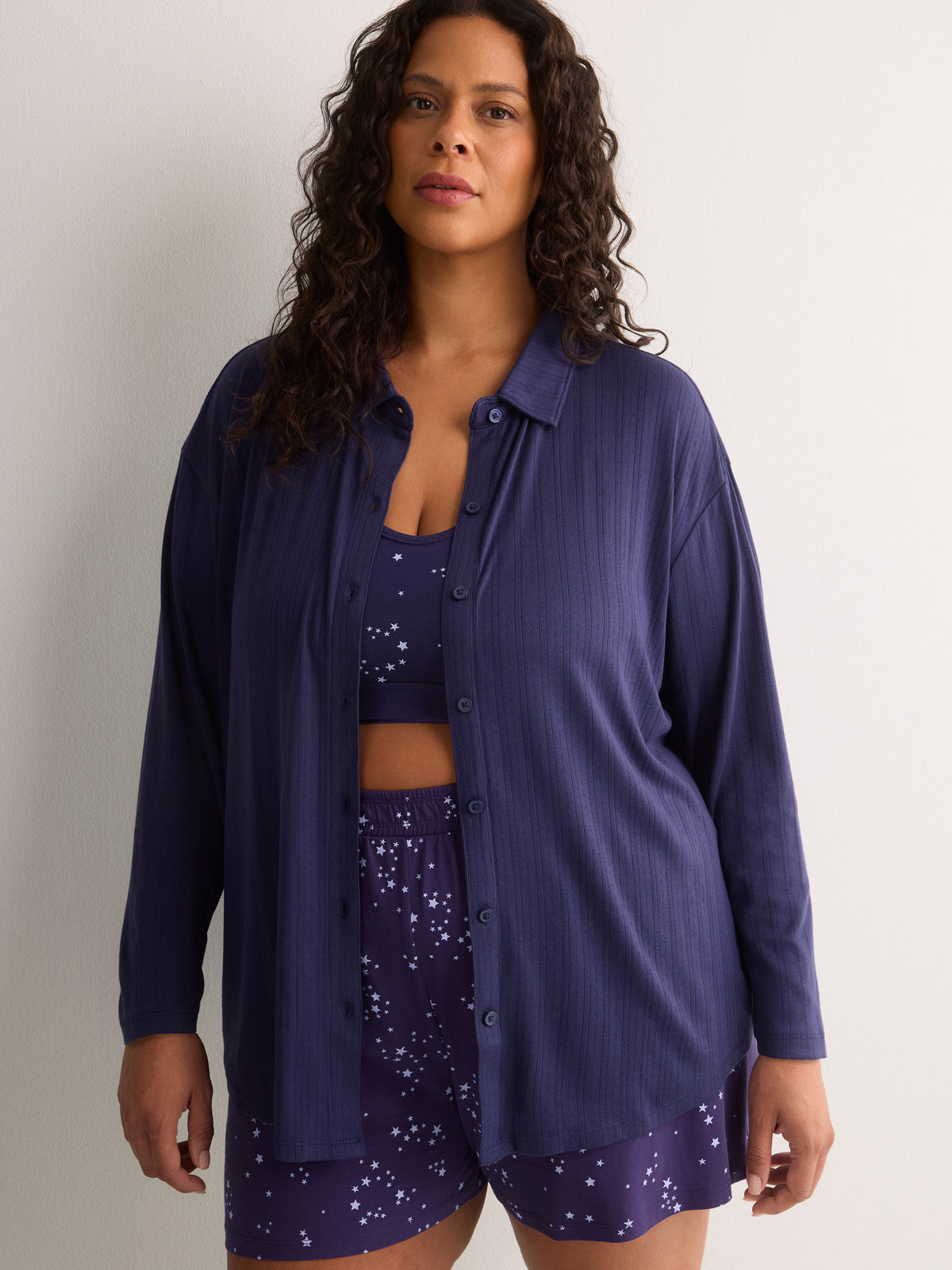 Dark Blue Buttoned-Down Pointelle Pyjama Shirt - tiVOGLIO