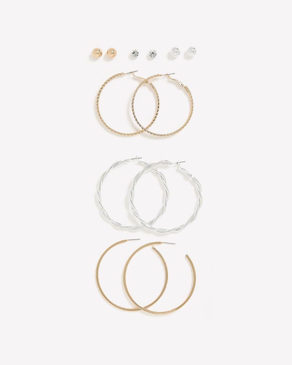 Silver and Golden Medium Hoops and Stud Earrings, Set of 6
