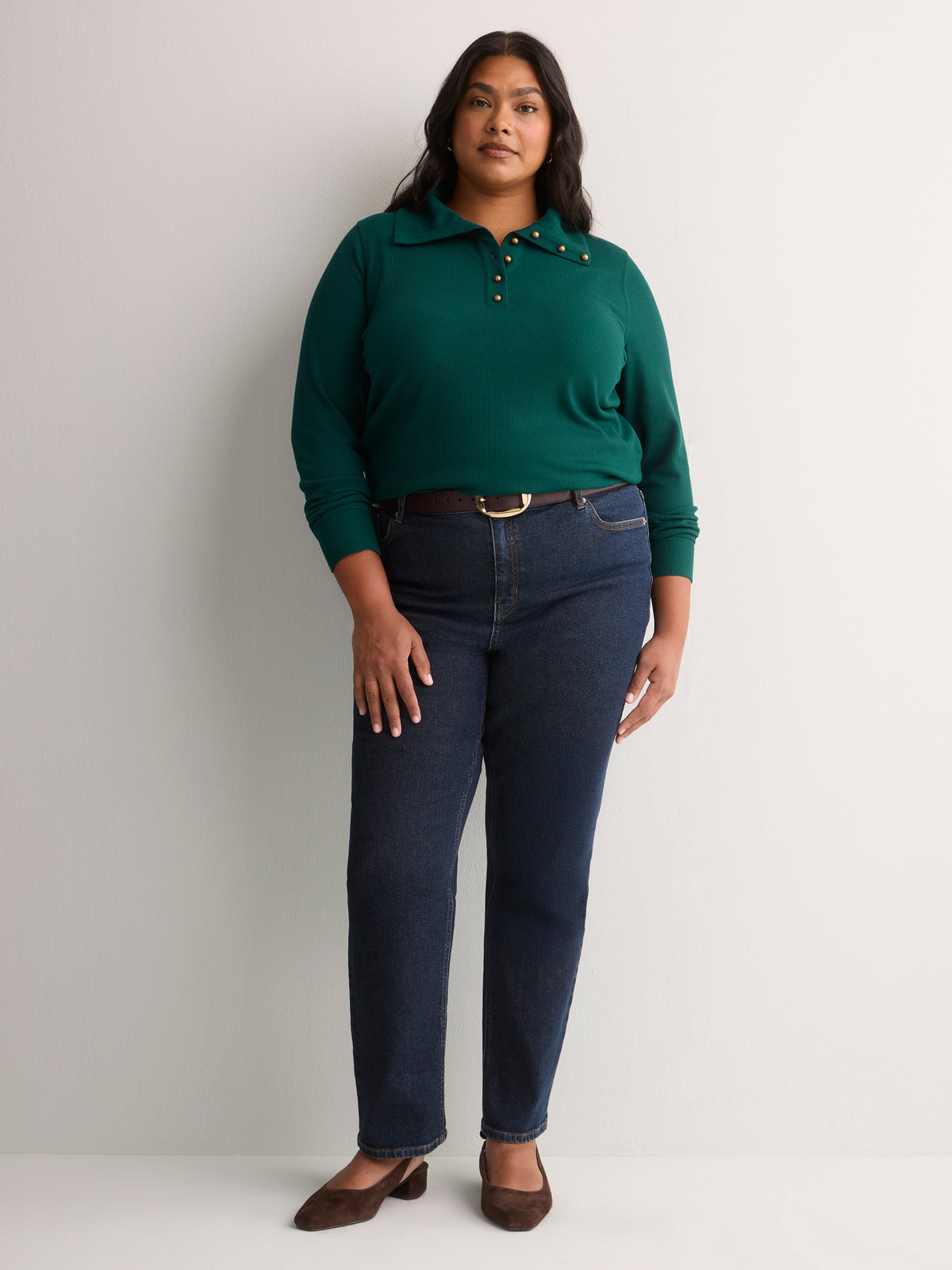 Loose Waffle Knit Tunic with Buttoned Collar