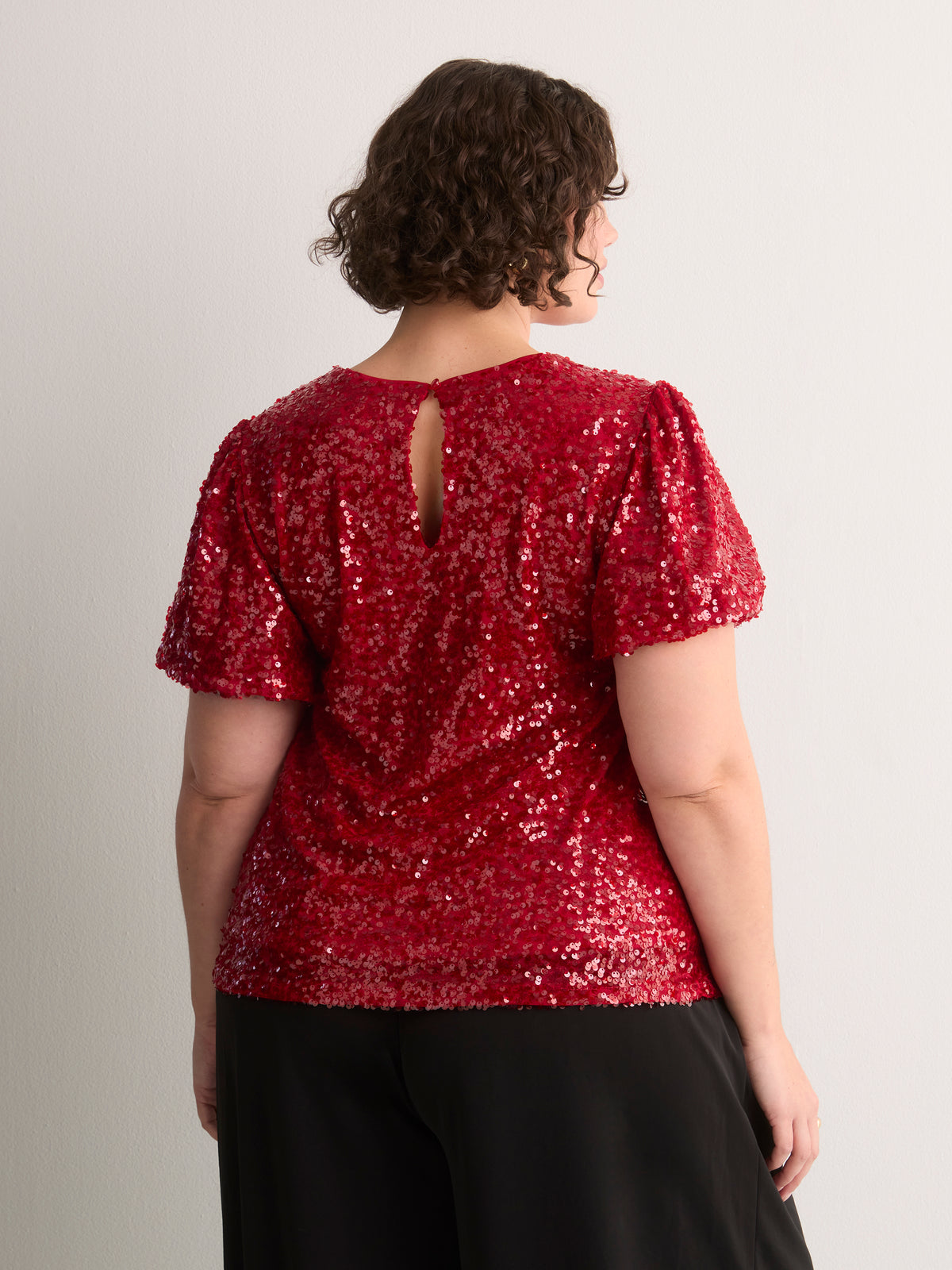 Straight Bubble-Sleeve Sequin Top