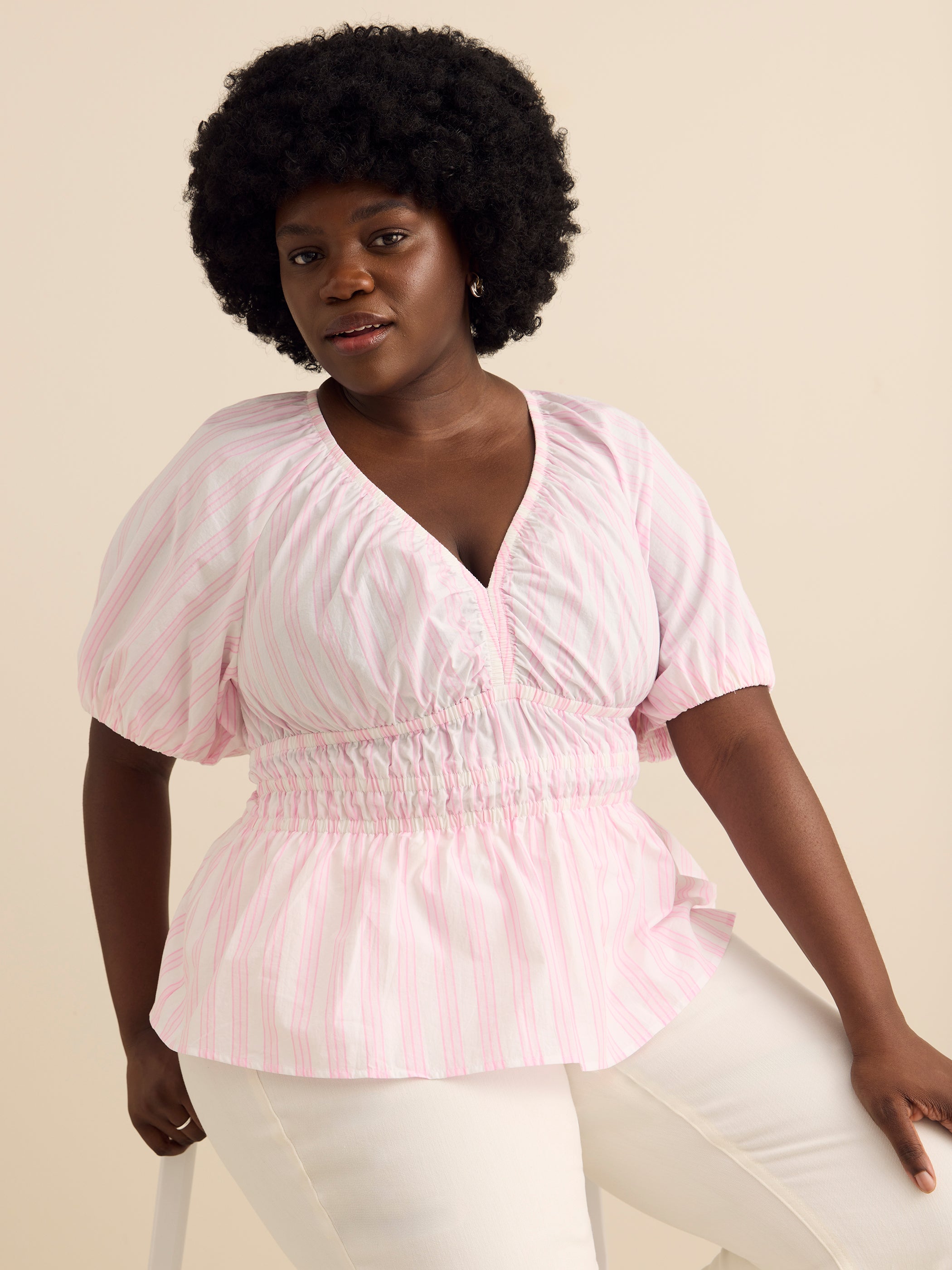 Pink Flared V-Neck Blouse with Short Bubble Sleeves