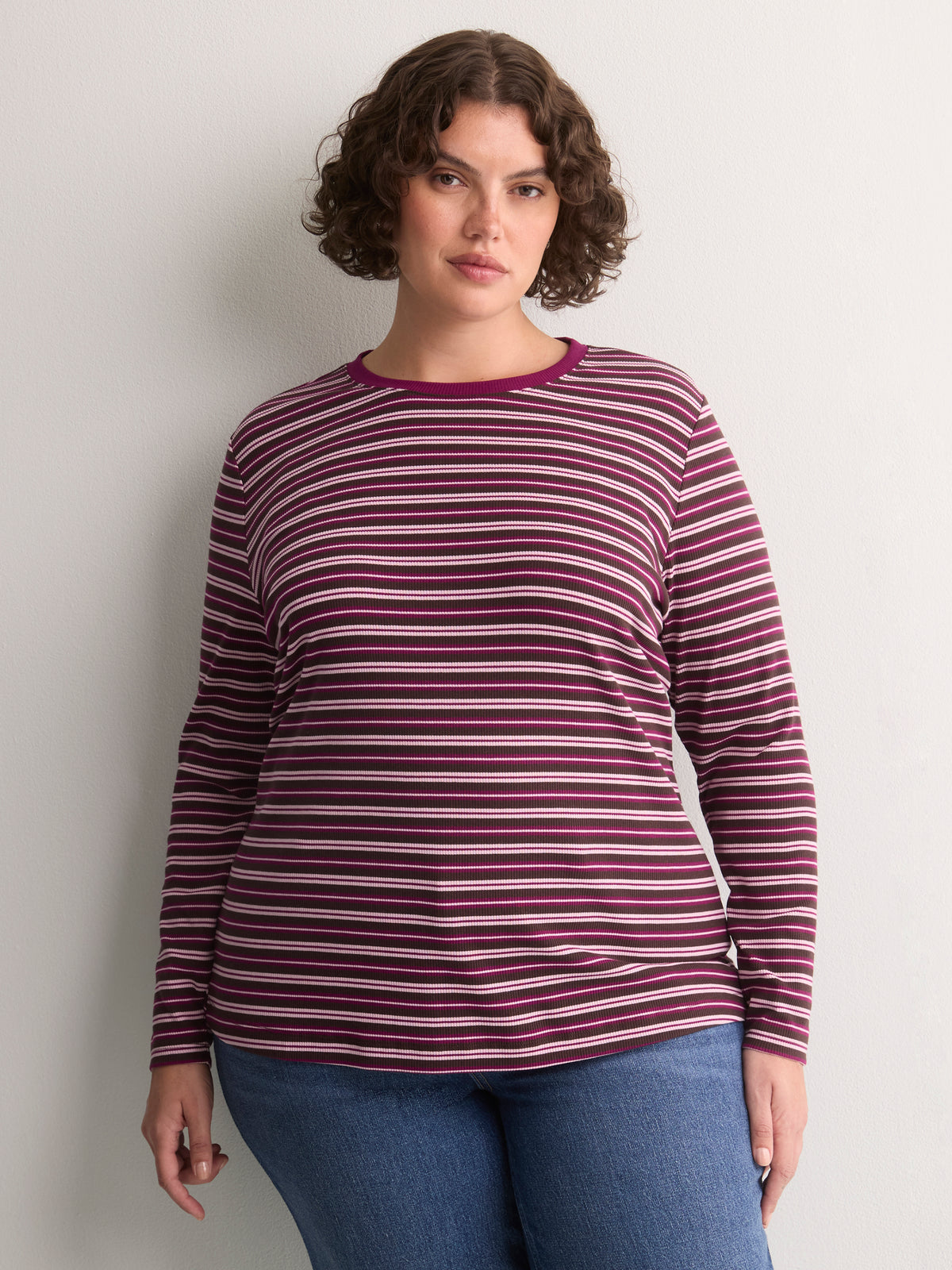 Brown Striped Boyfriend-Fit Long-Sleeve Rib Knit Tee