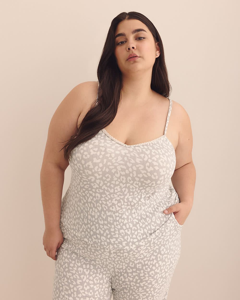 Camisole côtelée grise à motif léopard avec dentelle - Déesse Collection