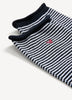 Black and White Striped Crew Sock with Rolled Edges and Small Heart