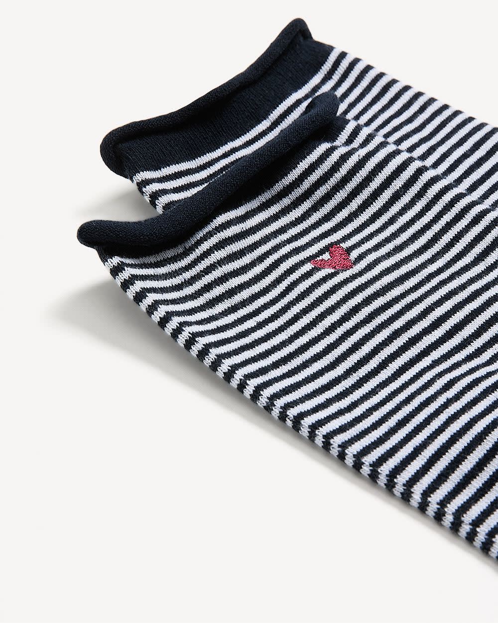 Black and White Striped Crew Sock with Rolled Edges and Small Heart