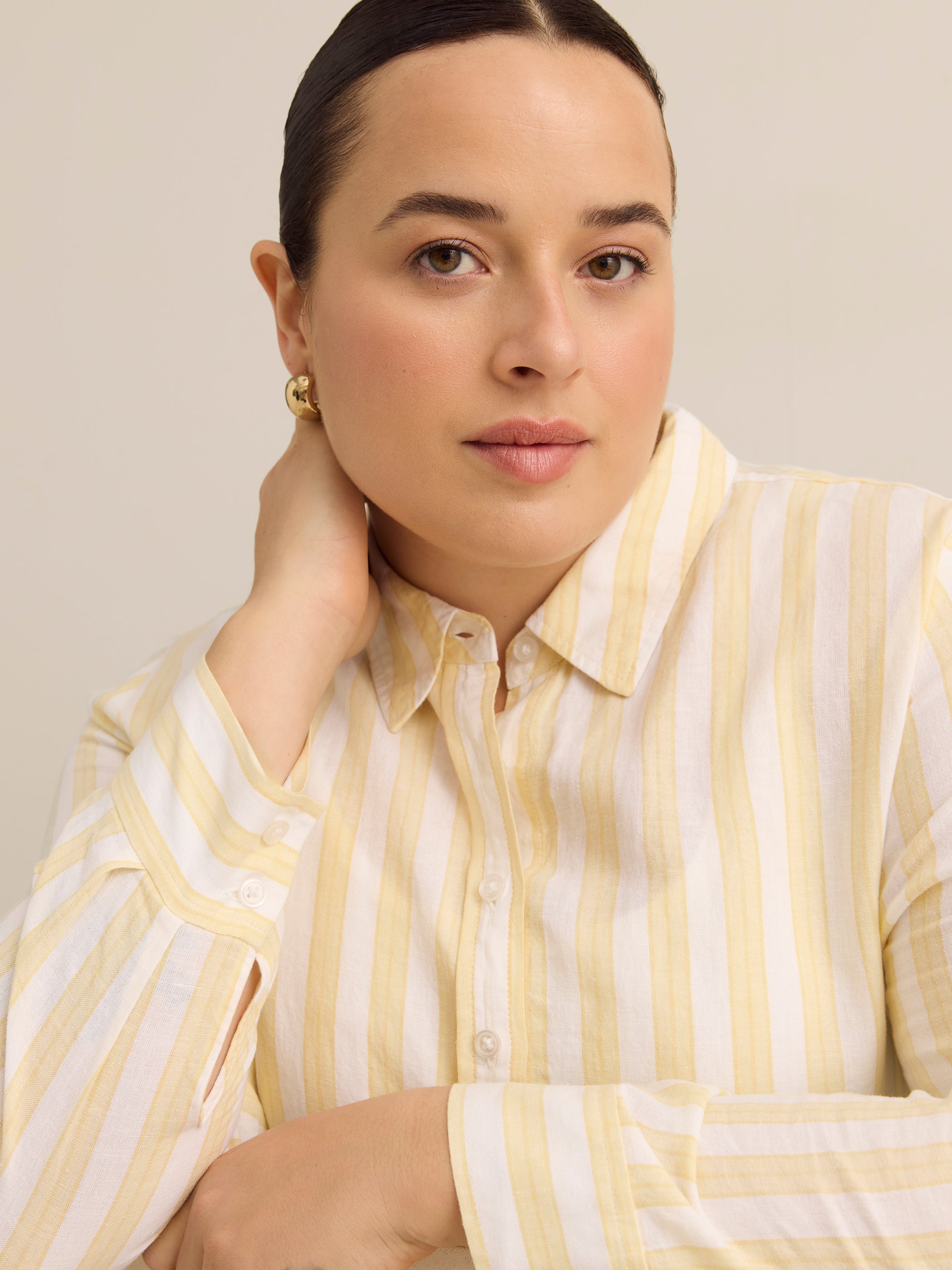 Striped Linen Blend Buttoned Down Tunic Shirt