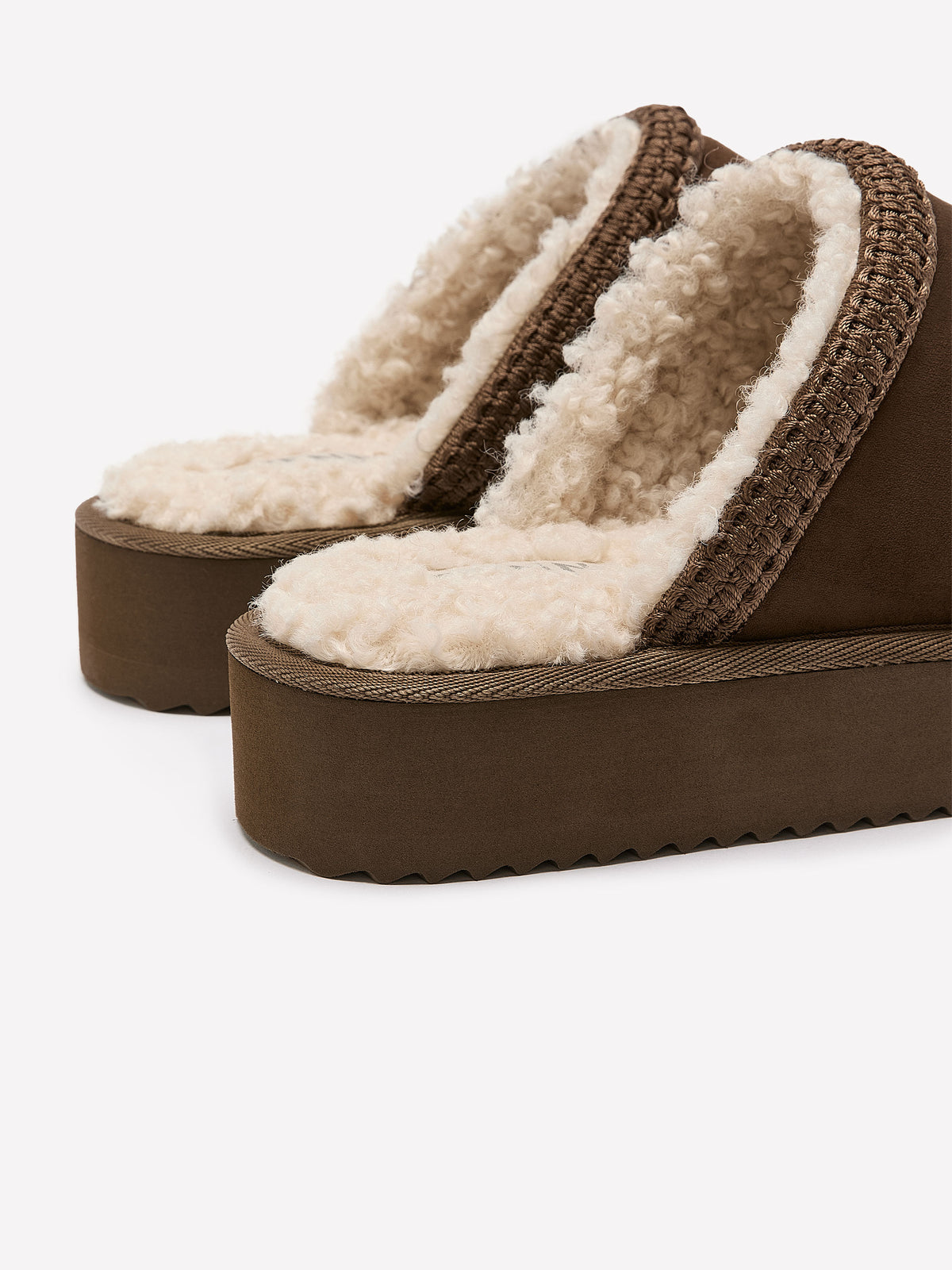 Wide Width, Microsuede Flat Platform Slippers with Faux-Fur Lining