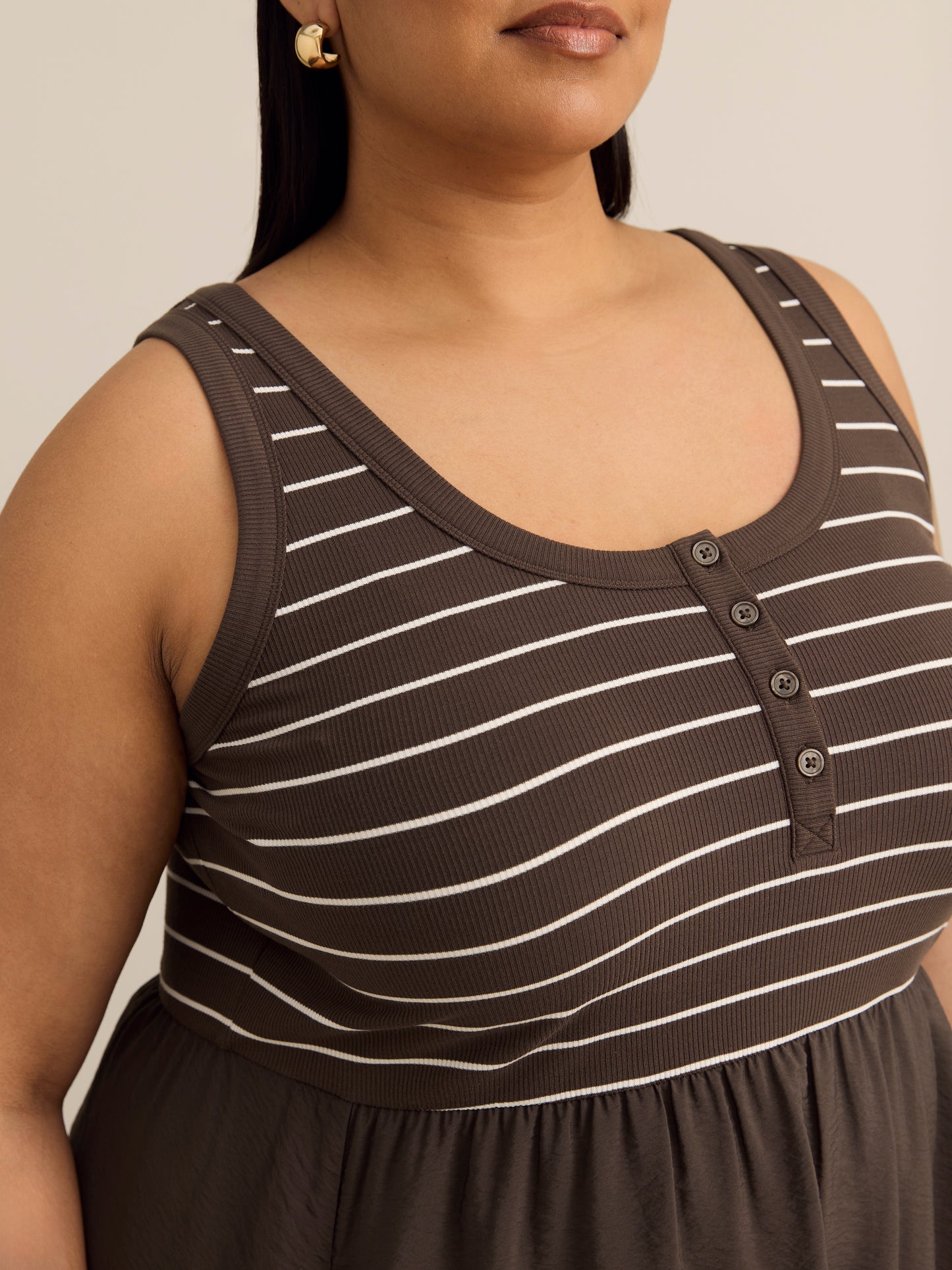 Responsible, Striped Sleeveless Henley Flared Maxi Dress