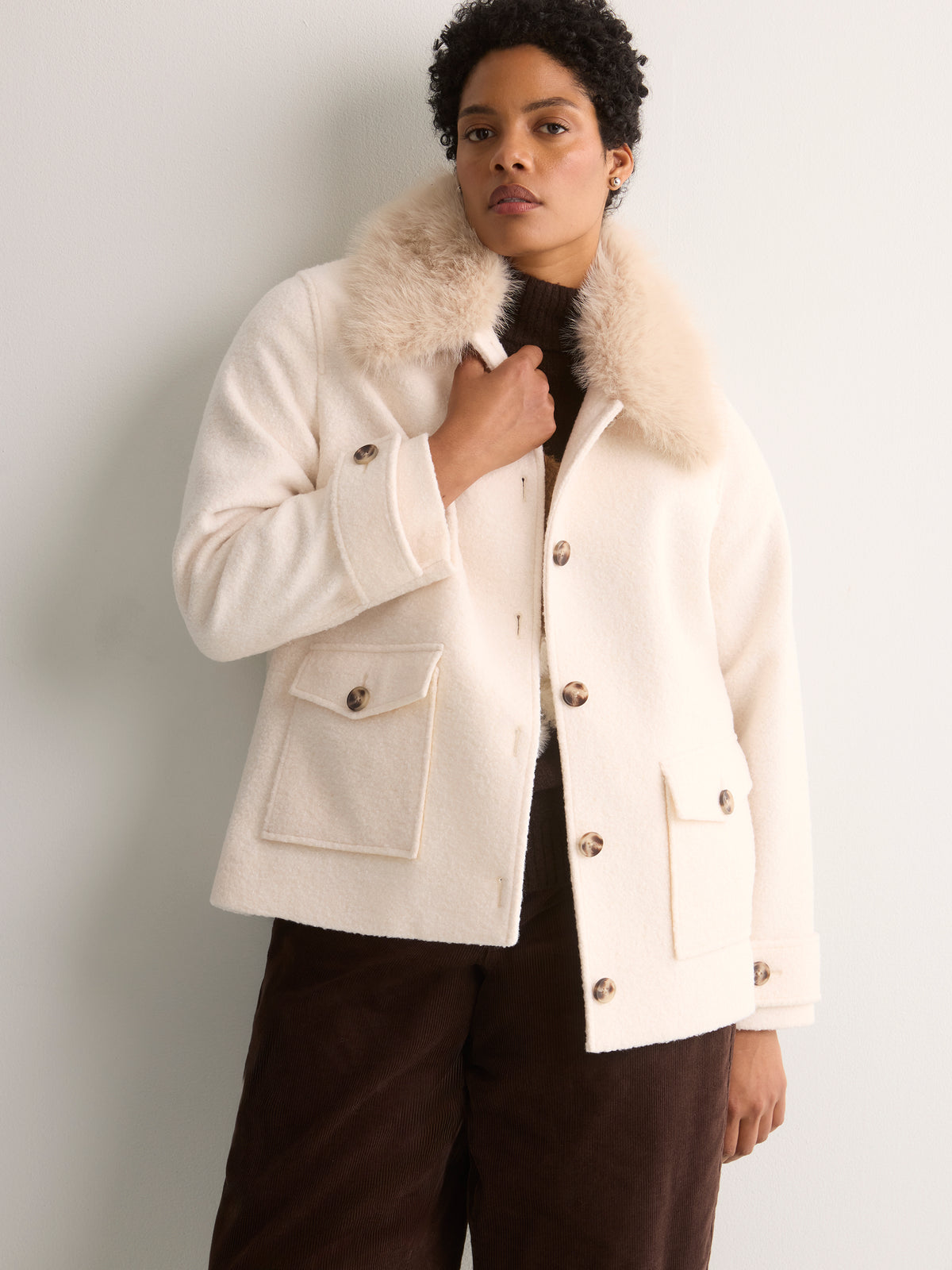Bouclé Coat with Removable Faux-Fur Collar