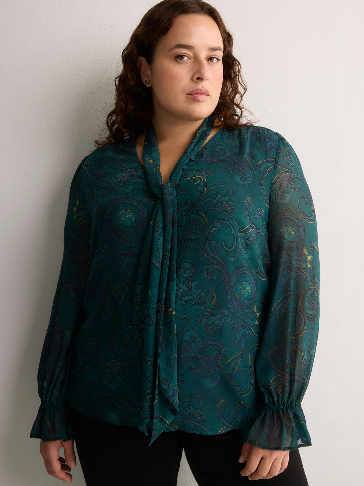 Printed Chiffon Blouse with Detachable Scarf