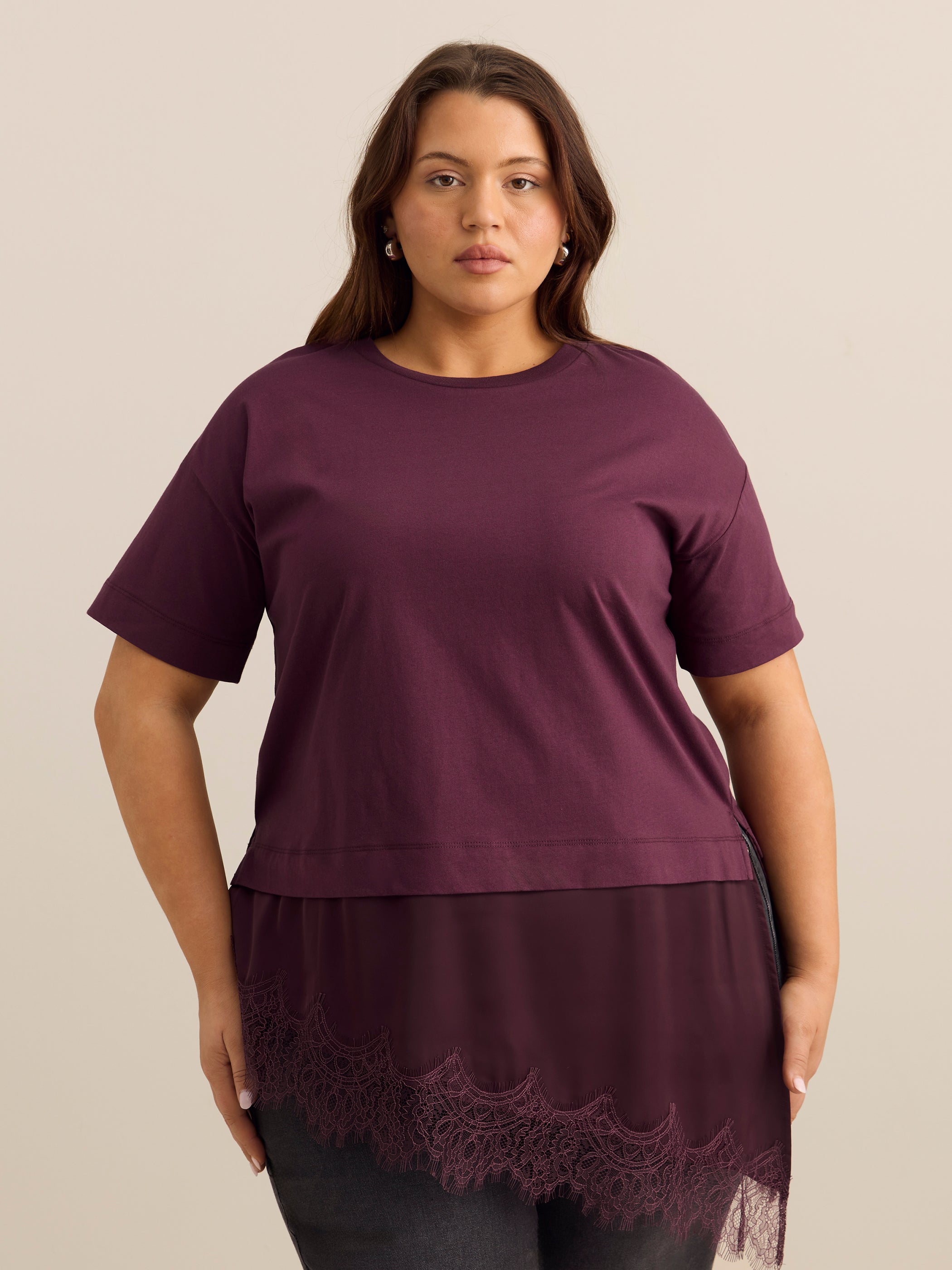 Short-Sleeve Crew Neck Tee with Lace-Trim Satin Fooler - Addition Elle