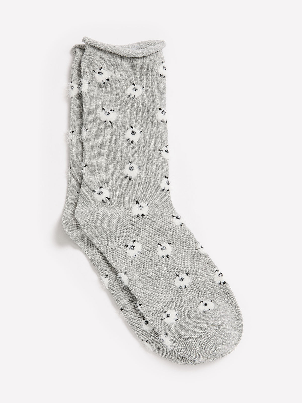 Heather Grey Rolled-Edge Cotton Crew Socks with Sheep Print