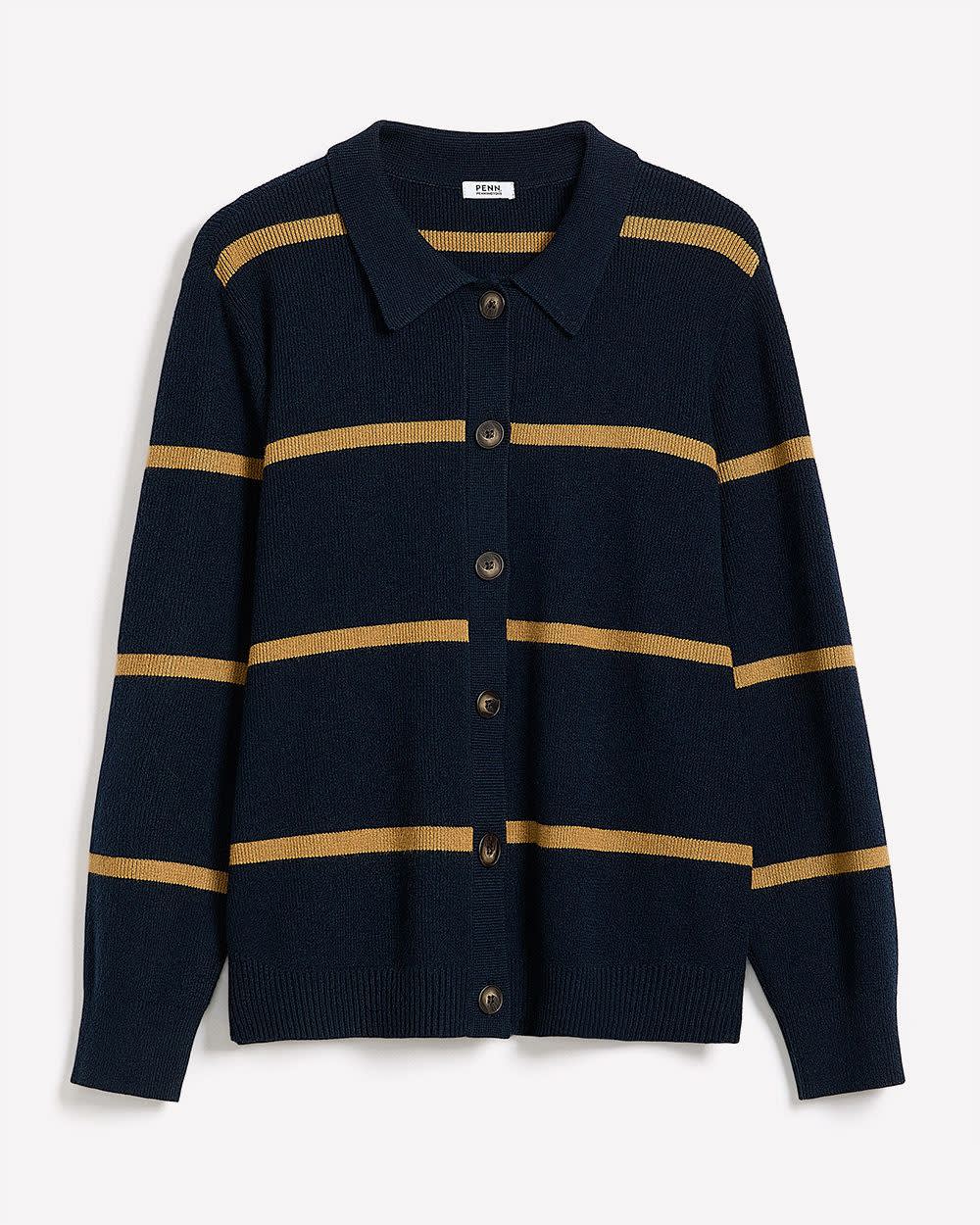 Responsible, Striped Buttoned-Down Polo Sweater Cardigan