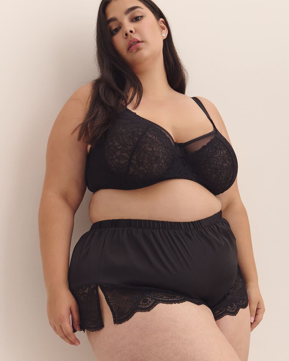 Boxer en satin noir sexy avec dentelle - Déesse Collection