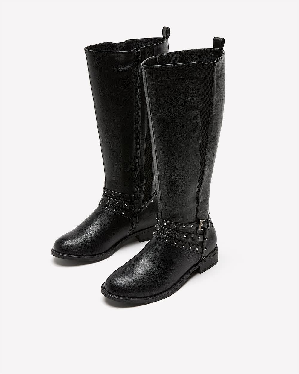 Extra Wide Width and Calf, Tall Black Boot with Thin Studded Straps