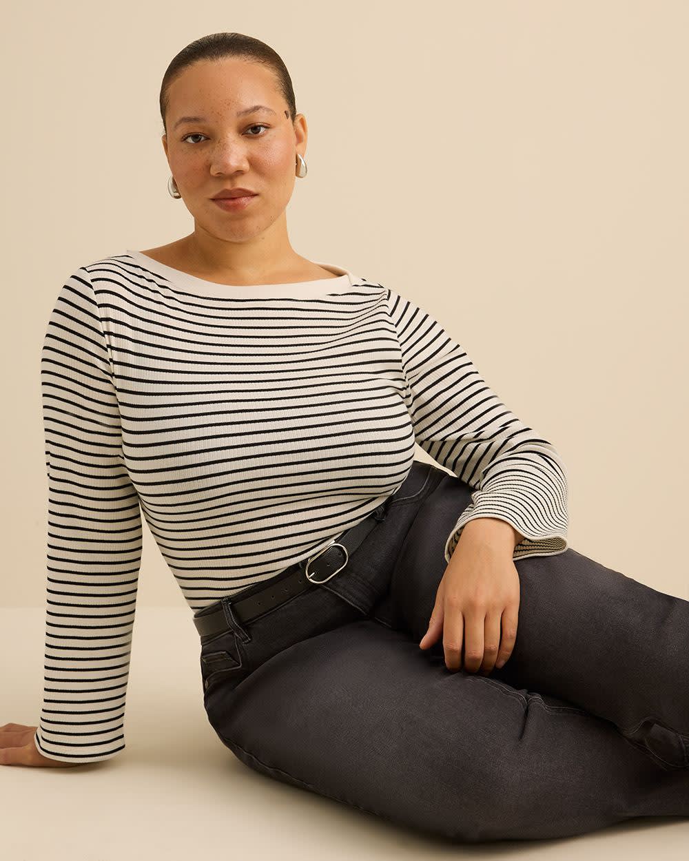 Rib Knit Boat Neck Long-Sleeve Top - Addition Elle