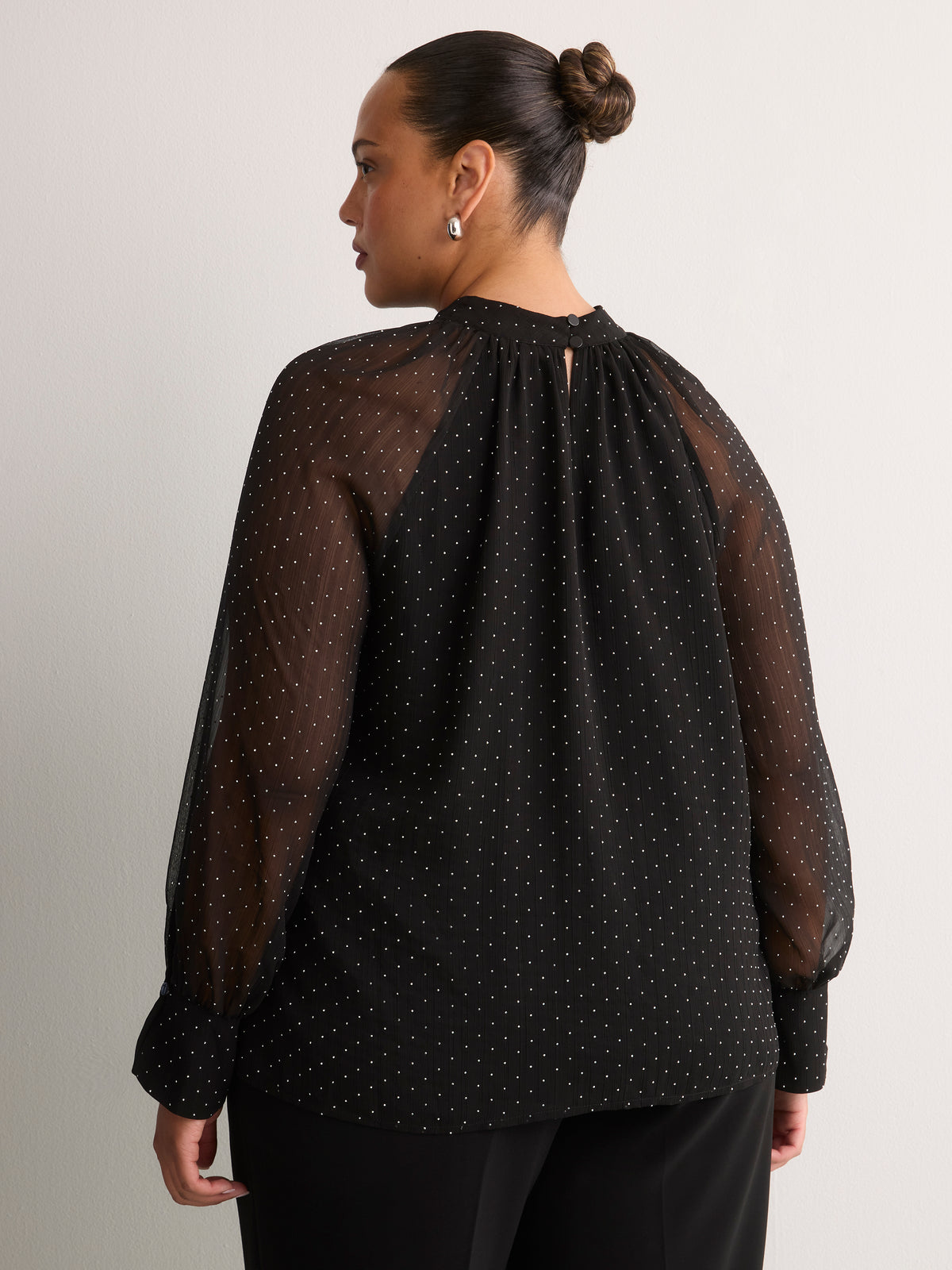 Black Rhinestone Chiffon A-Line Blouse with Shirred Mock Neck