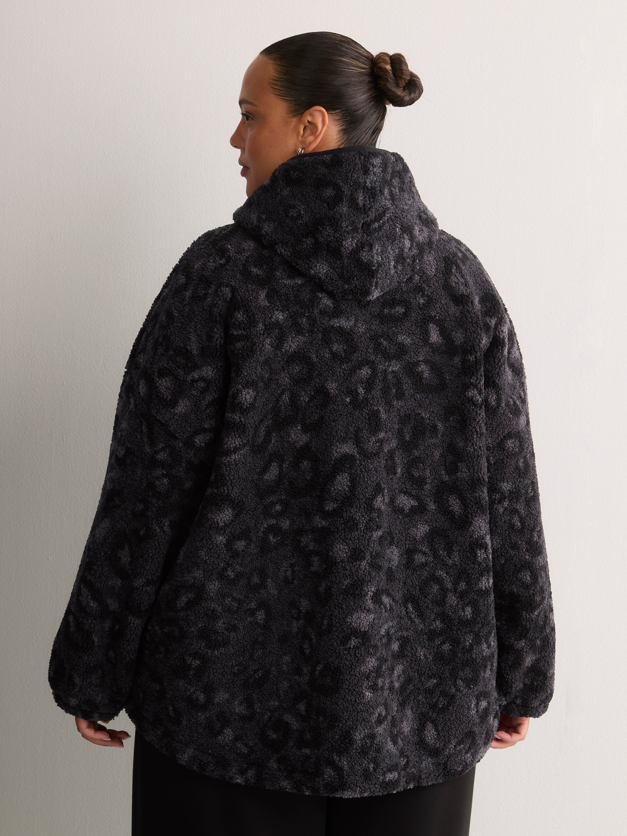 Active Zone Hooded Printed Sherpa Jacket Plus Size Women's