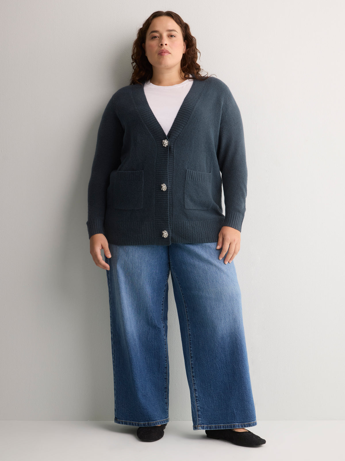 Indigo Straight Tunic Cardigan with Embellished Buttons