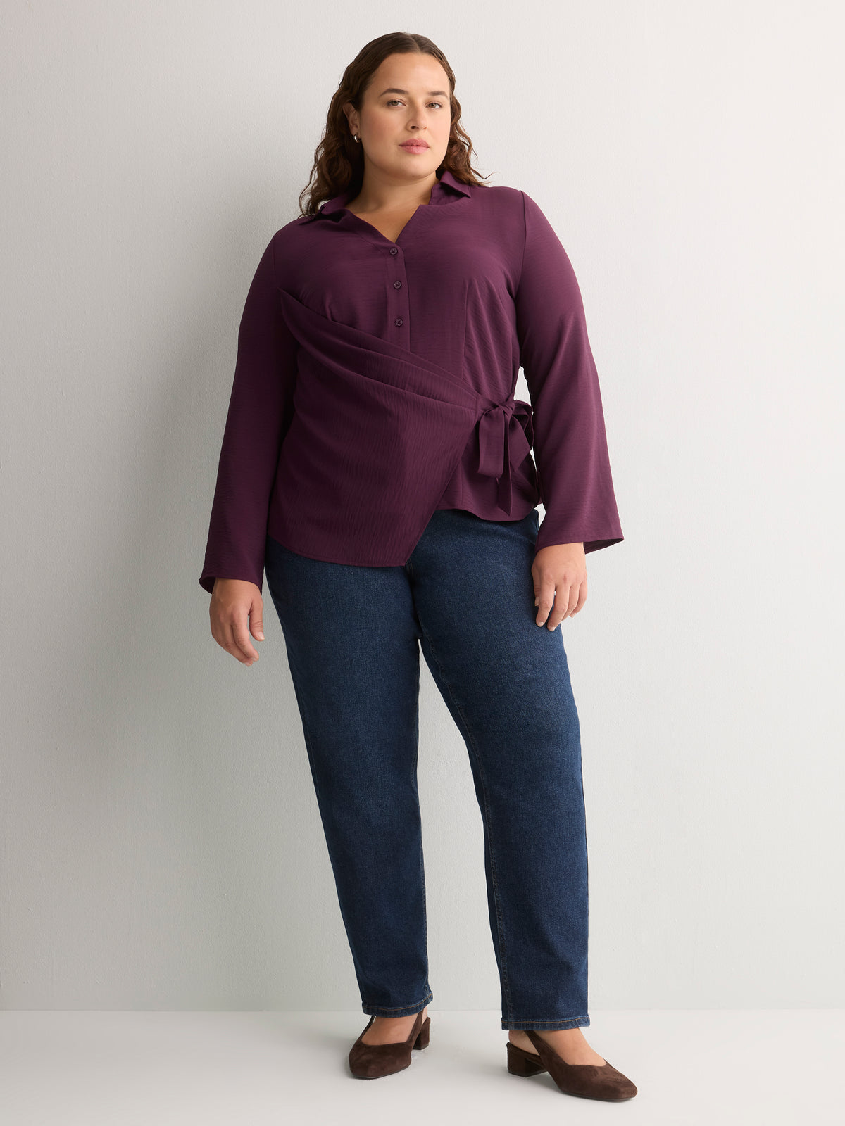 Purple Buttoned-Down Wrap Blouse