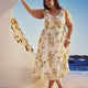 Tropical Linen-Blend Sleeveless Midi Dress with Elastic Waist