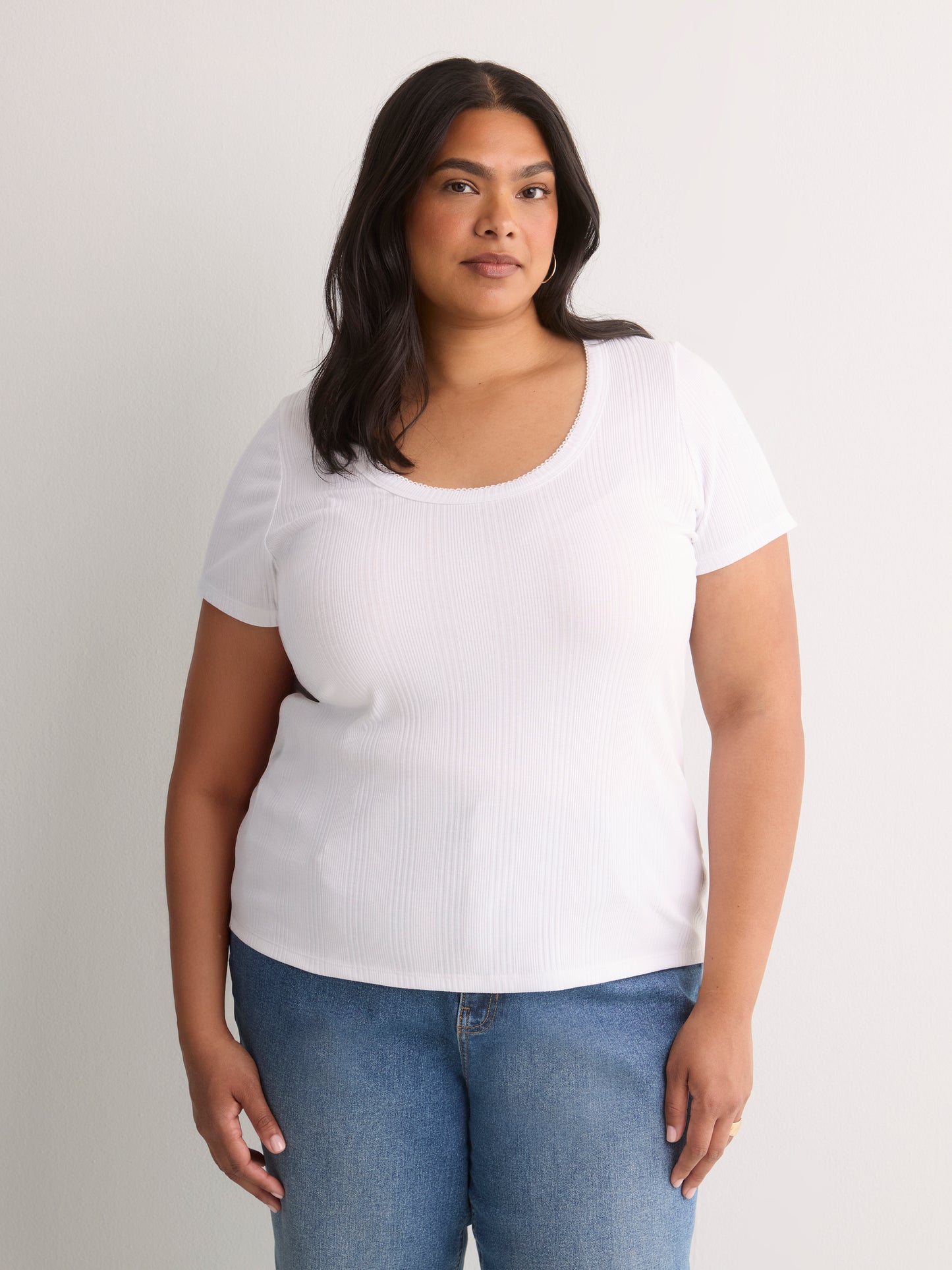 Ribbed Knit Fitted Short-Sleeve T-Shirt