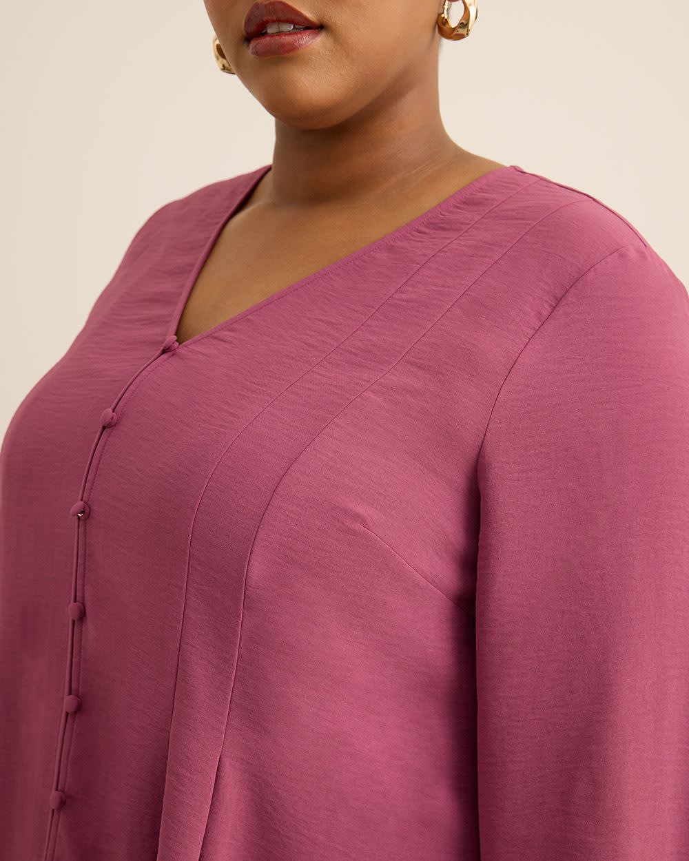 Long-Sleeve Flared Pleated Satin Blouse