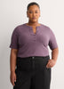 Straight Elbow-Sleeve Plum Pointelle Knit Henley Top