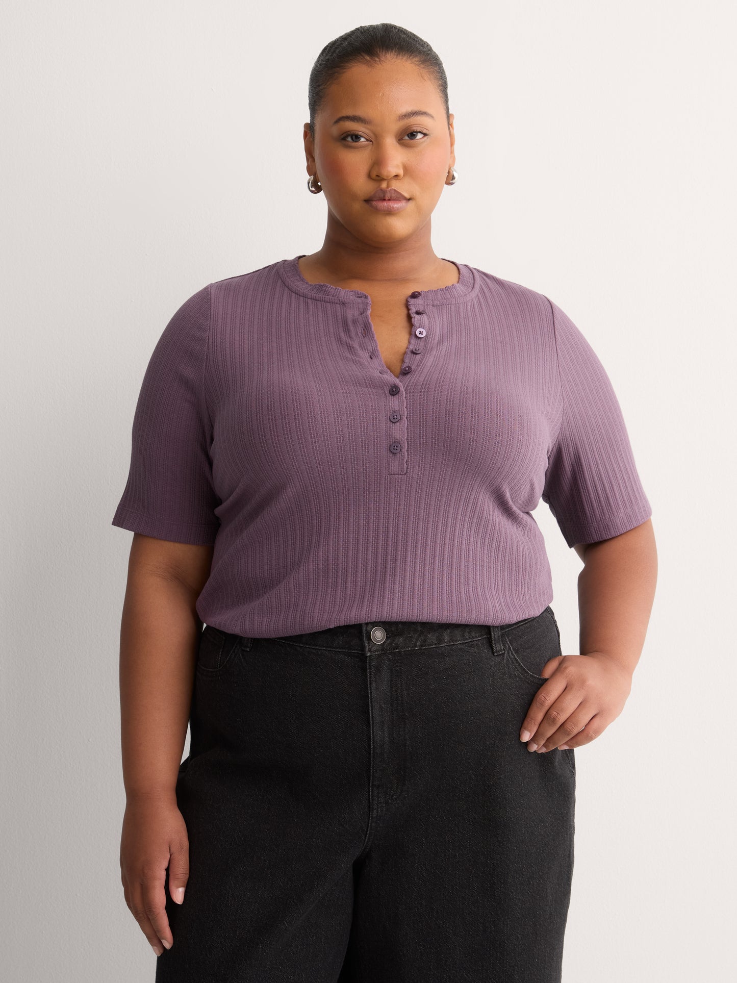 Straight Elbow-Sleeve Plum Pointelle Knit Henley Top