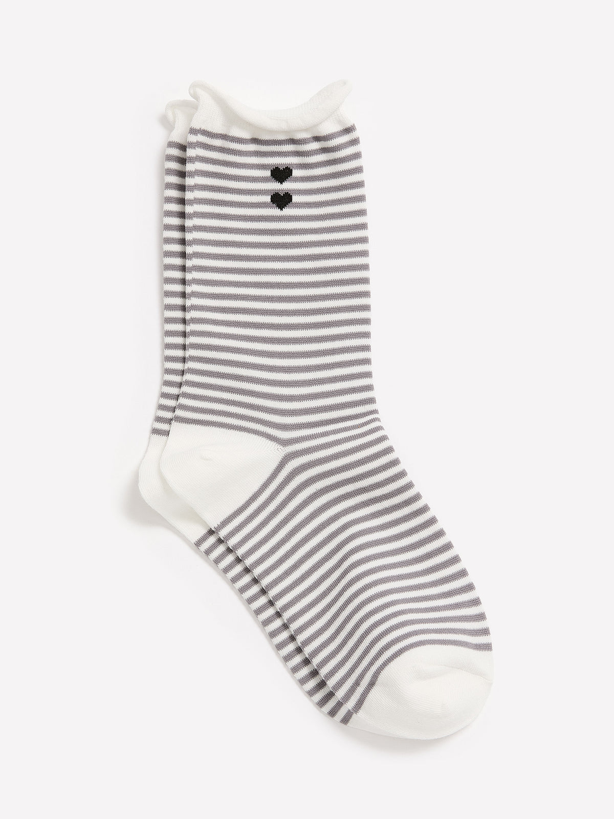 Striped Rolled-Edge Crew Socks with Double Heart Embroidery