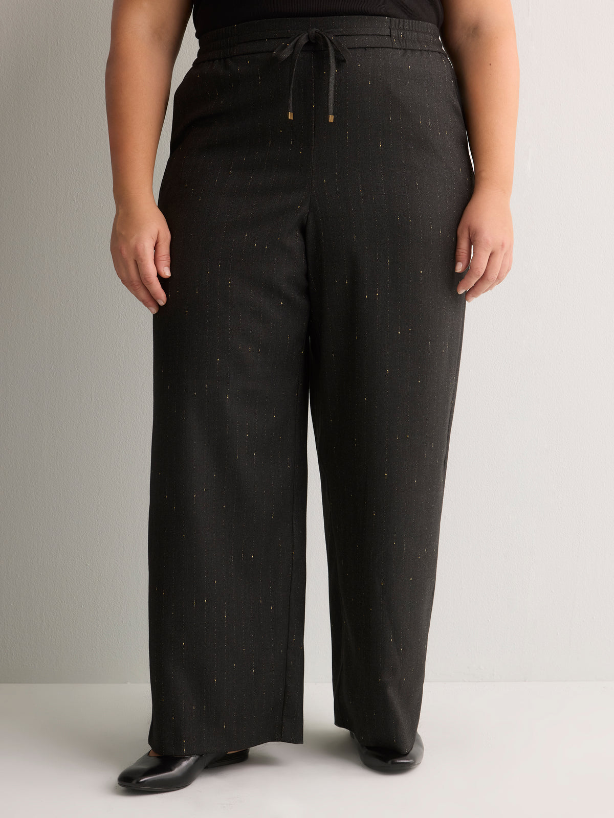 Grey Metallic Pinstripe Pull-On Wide-Leg Pant
