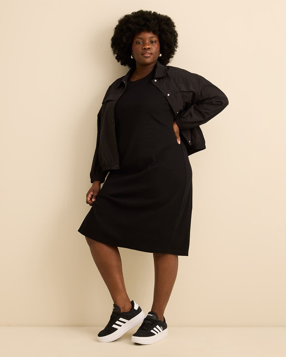 Black Ribbed French Terry Midi T-Shirt Dress - Active Zone