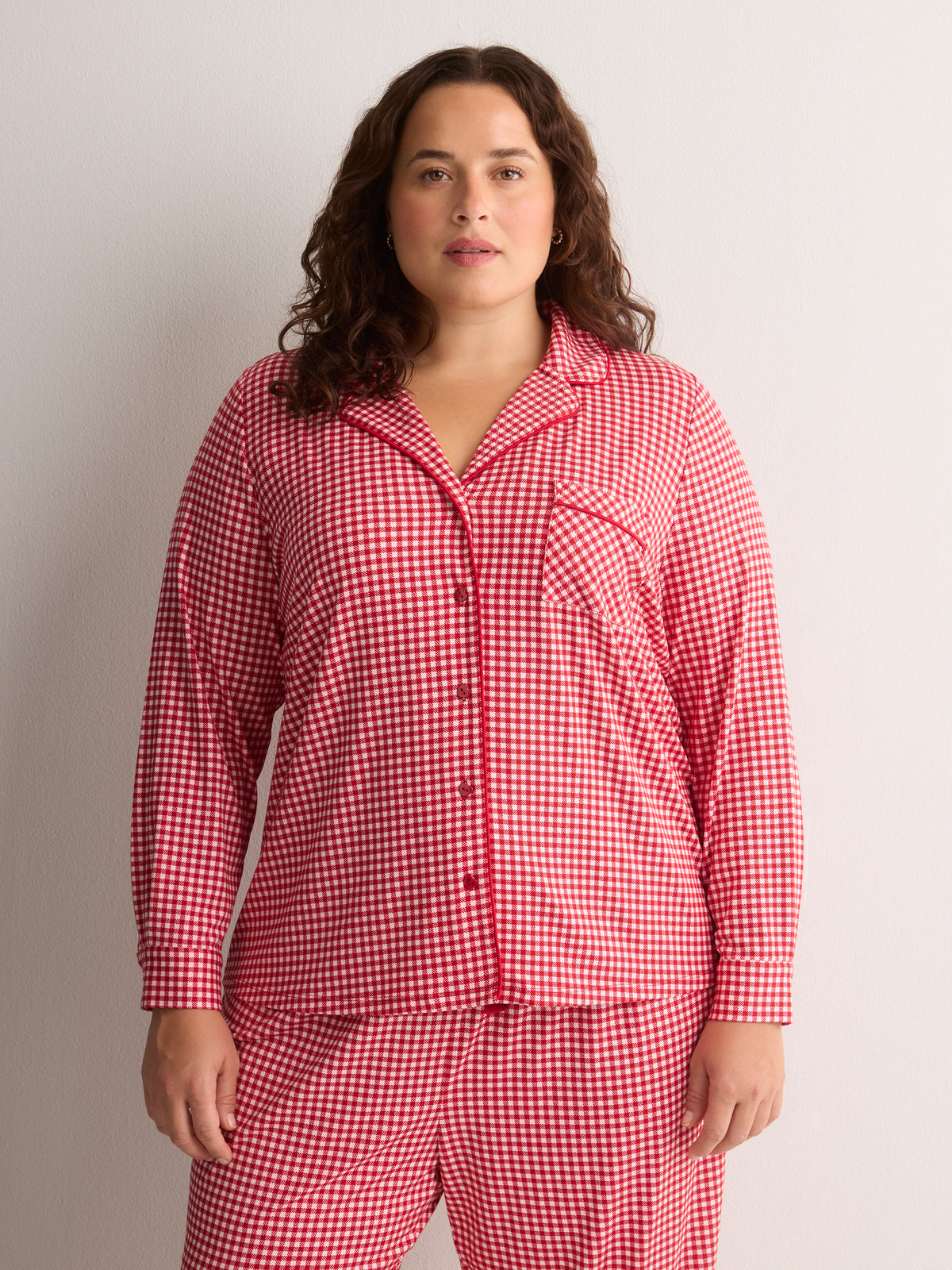 Red Gingham Buttoned Down Shirt and Straight Pant Pyjama Set - tiVOGLIO