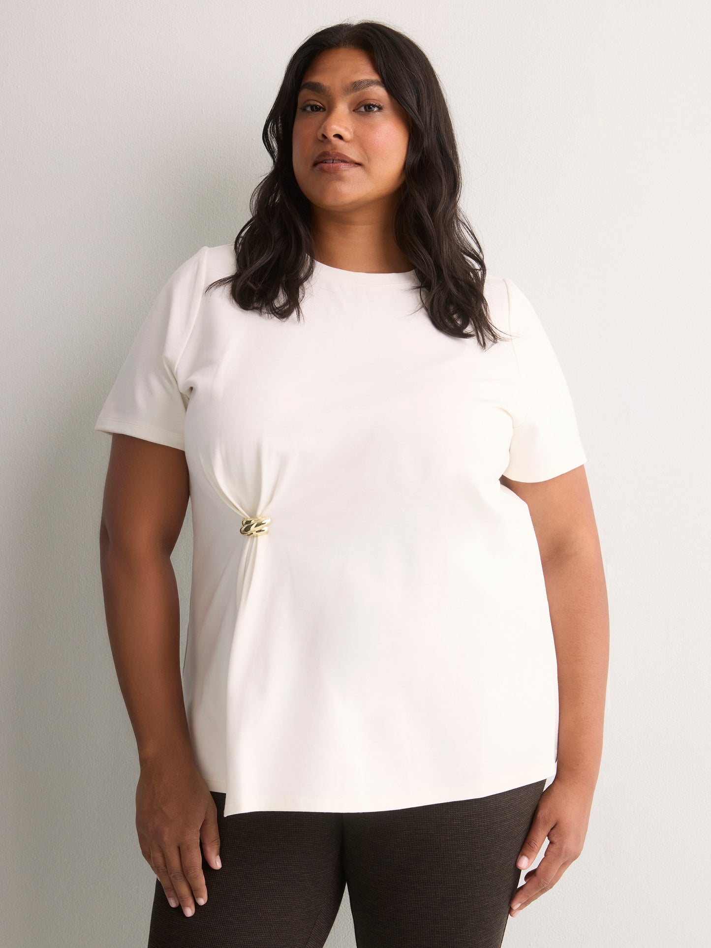 Fit and Flare Short-Sleeve Crew Neck Top with Jewel at Waist