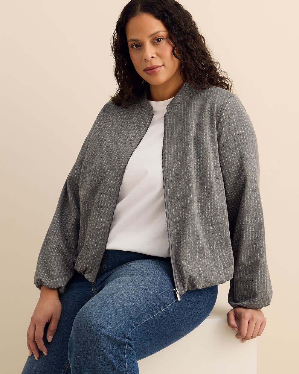Grey Pinstripe Balloon-Hem Bomber Jacket