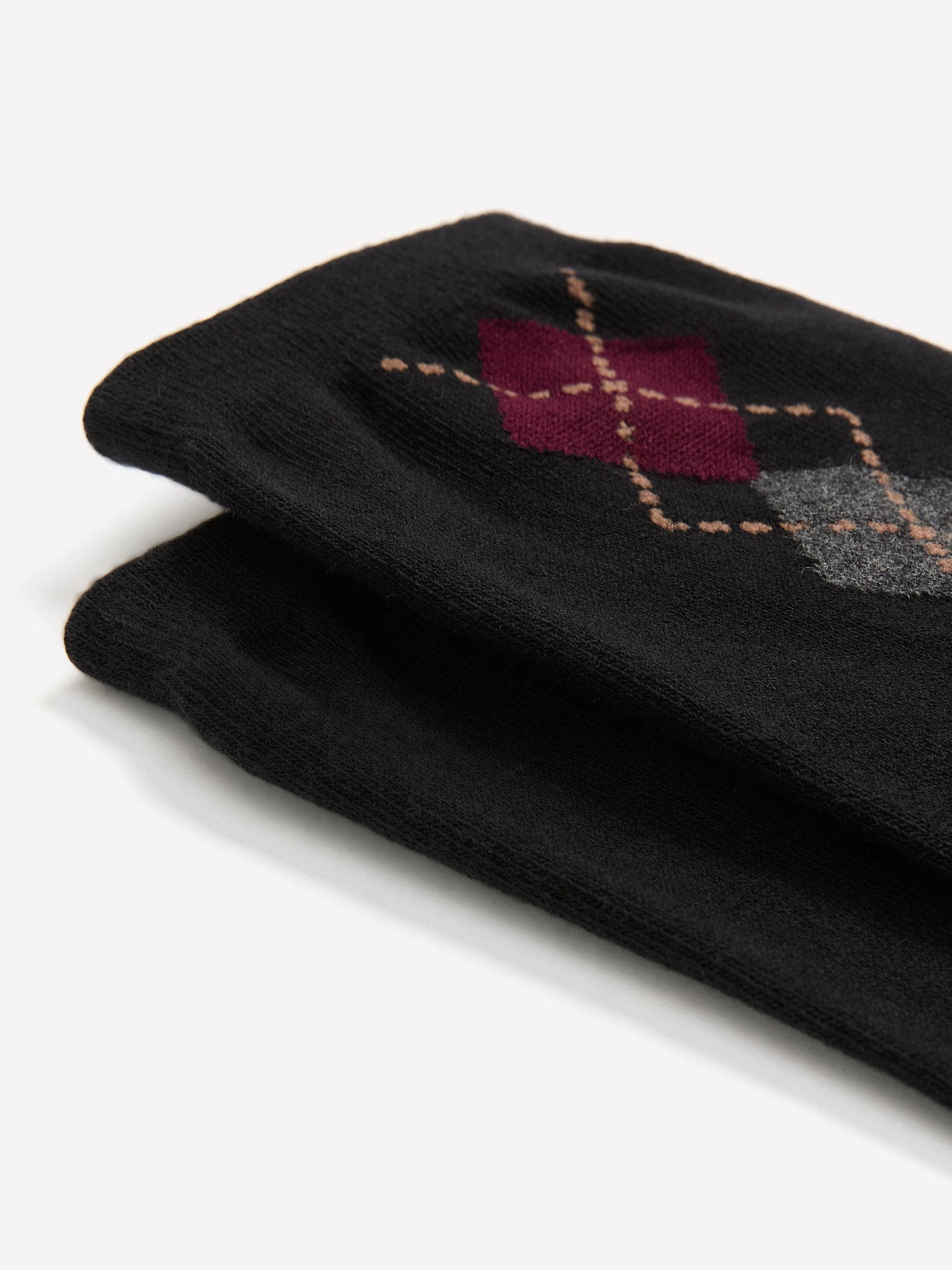Black Rolled-Edge Crew Socks with Argyle Print