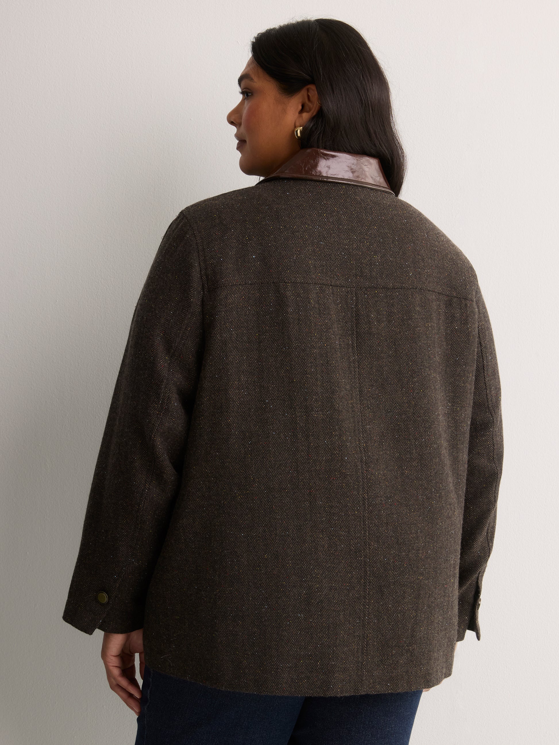 Brown Herringbone Barn Jacket with Faux-Leather Collar