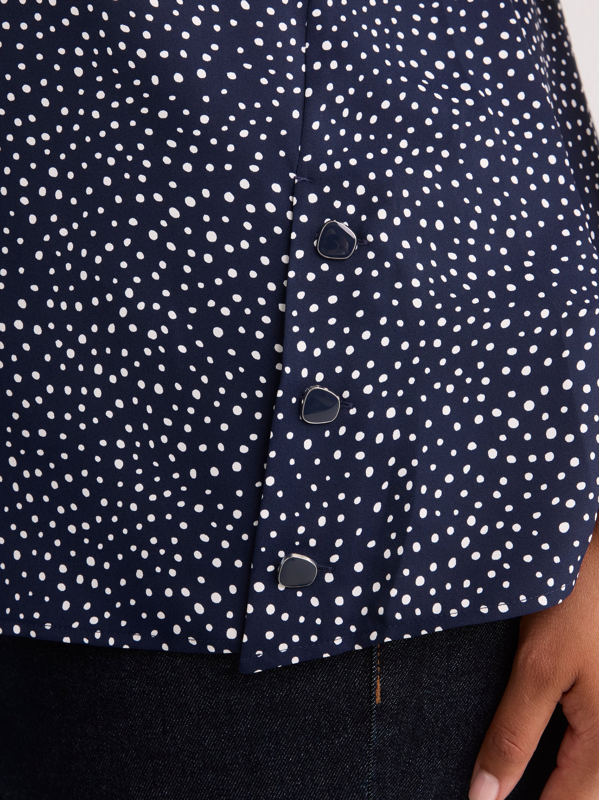 Responsible, Straight Extended-Sleeve Silky Blouse with Decorative Buttons
