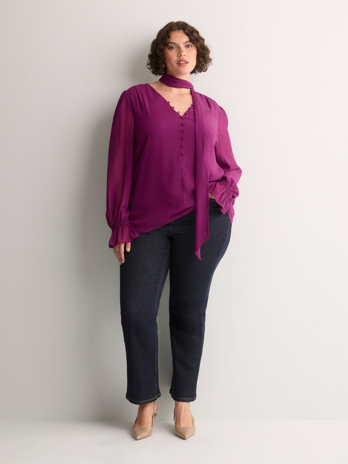 Plum Chiffon Blouse with Detachable Scarf