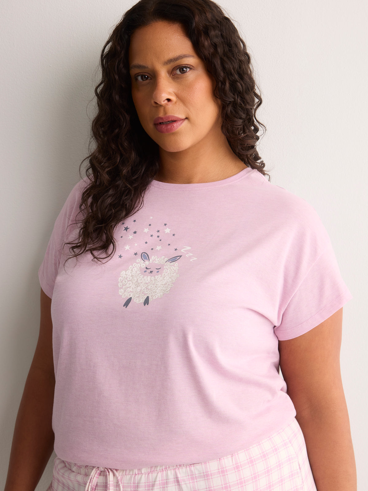 Pink Boxy-Fit Cotton Knit Pyjama Top with Sheep Chest Print - tiVOGLIO